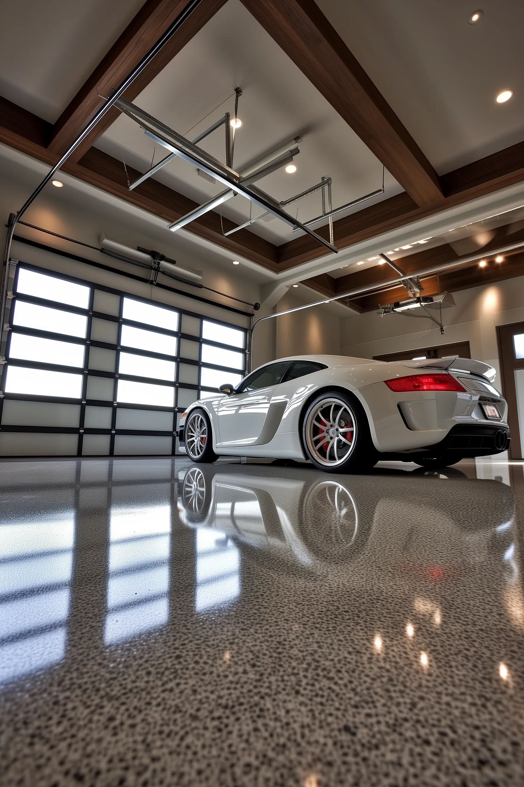 epoxy flooring in garage with white car