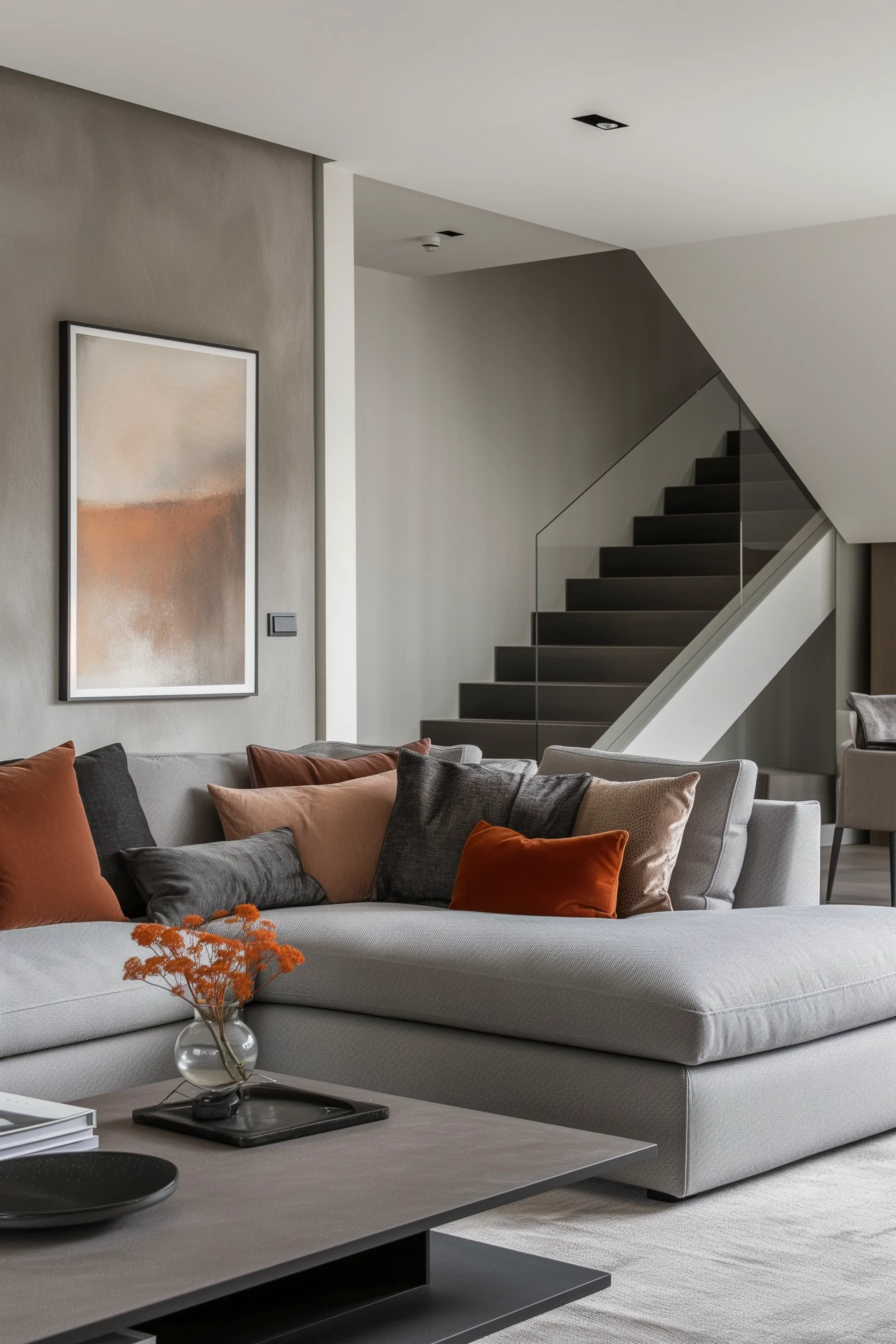 A neutral colored living room with pops of color