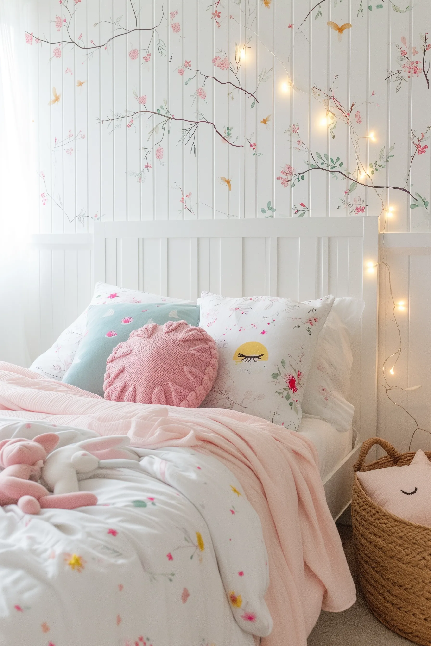 A white and pink bedroom with floral patterns