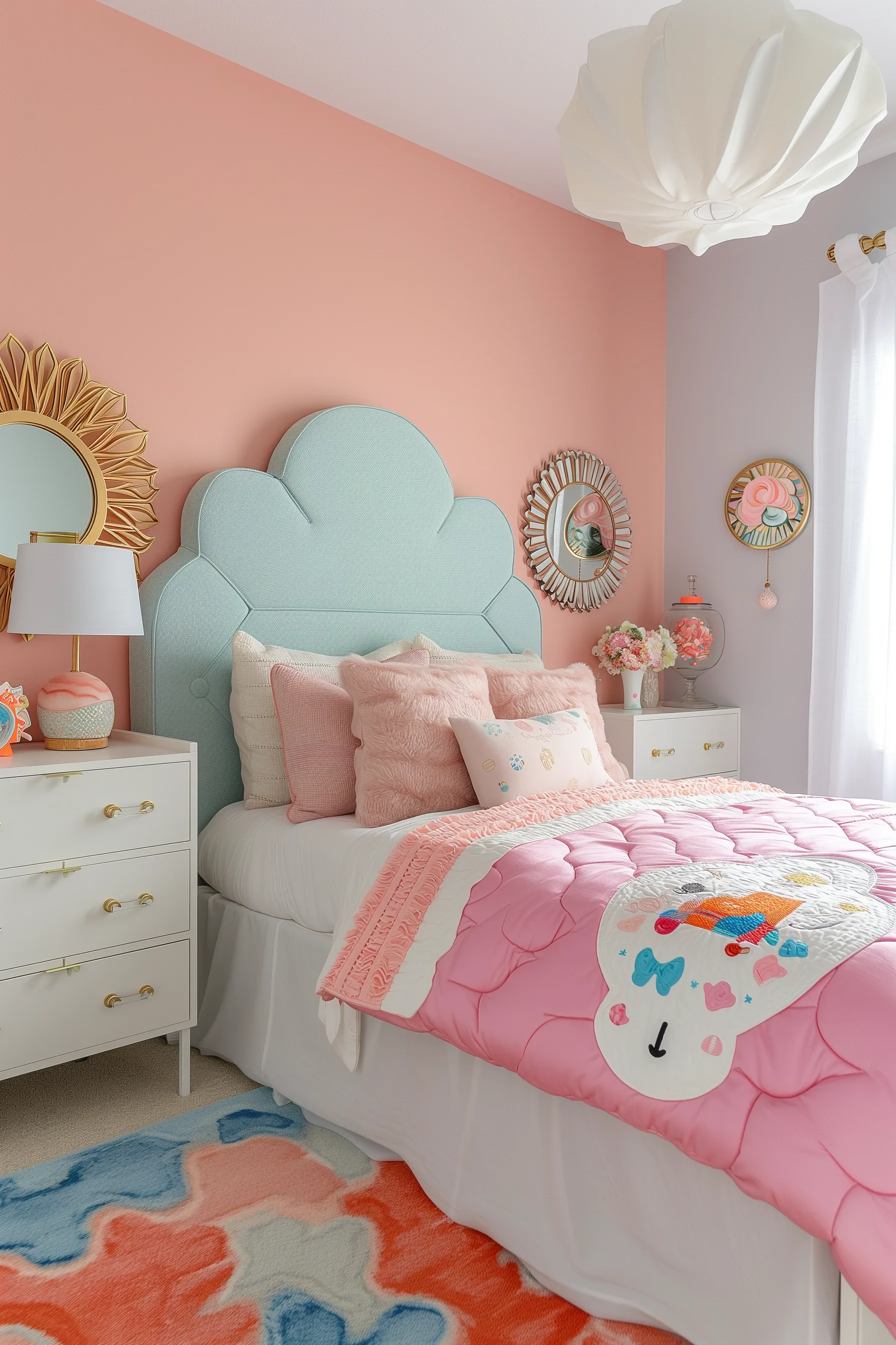A brightly colored bedroom with lots of funky designs