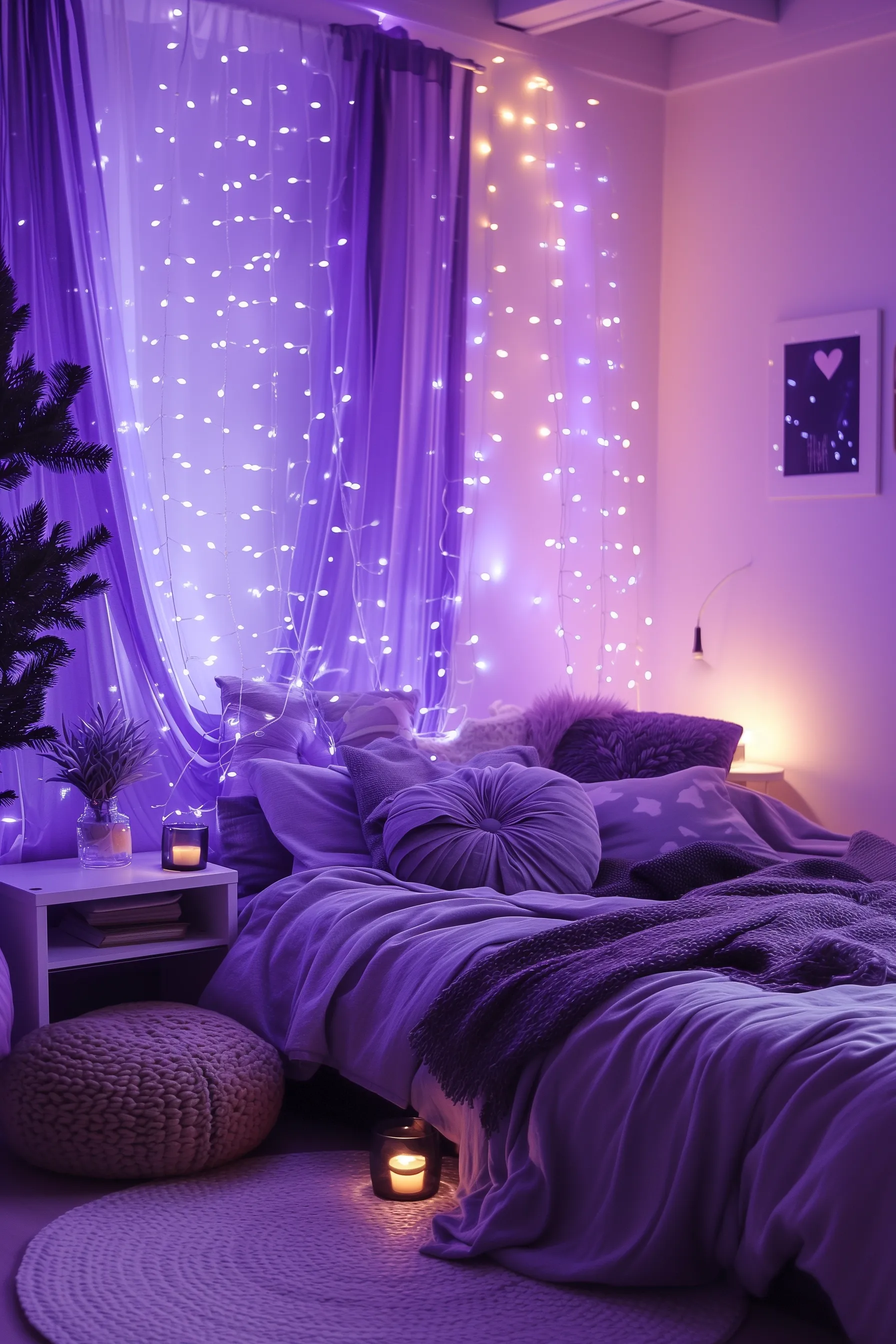 Purple bedroom with fairy lights, pillows, rugs and ottomans