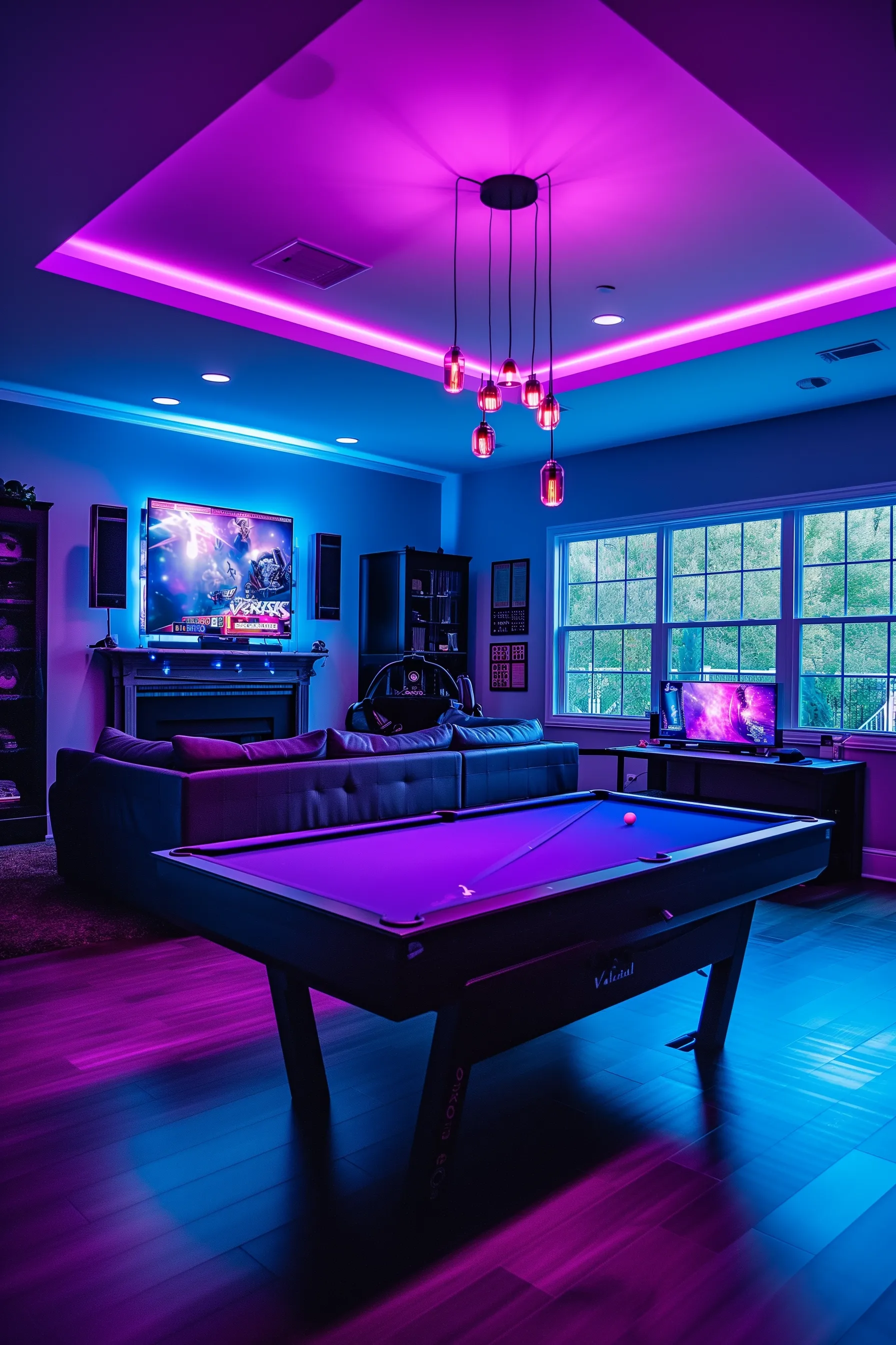 Pool table with purple LED lights