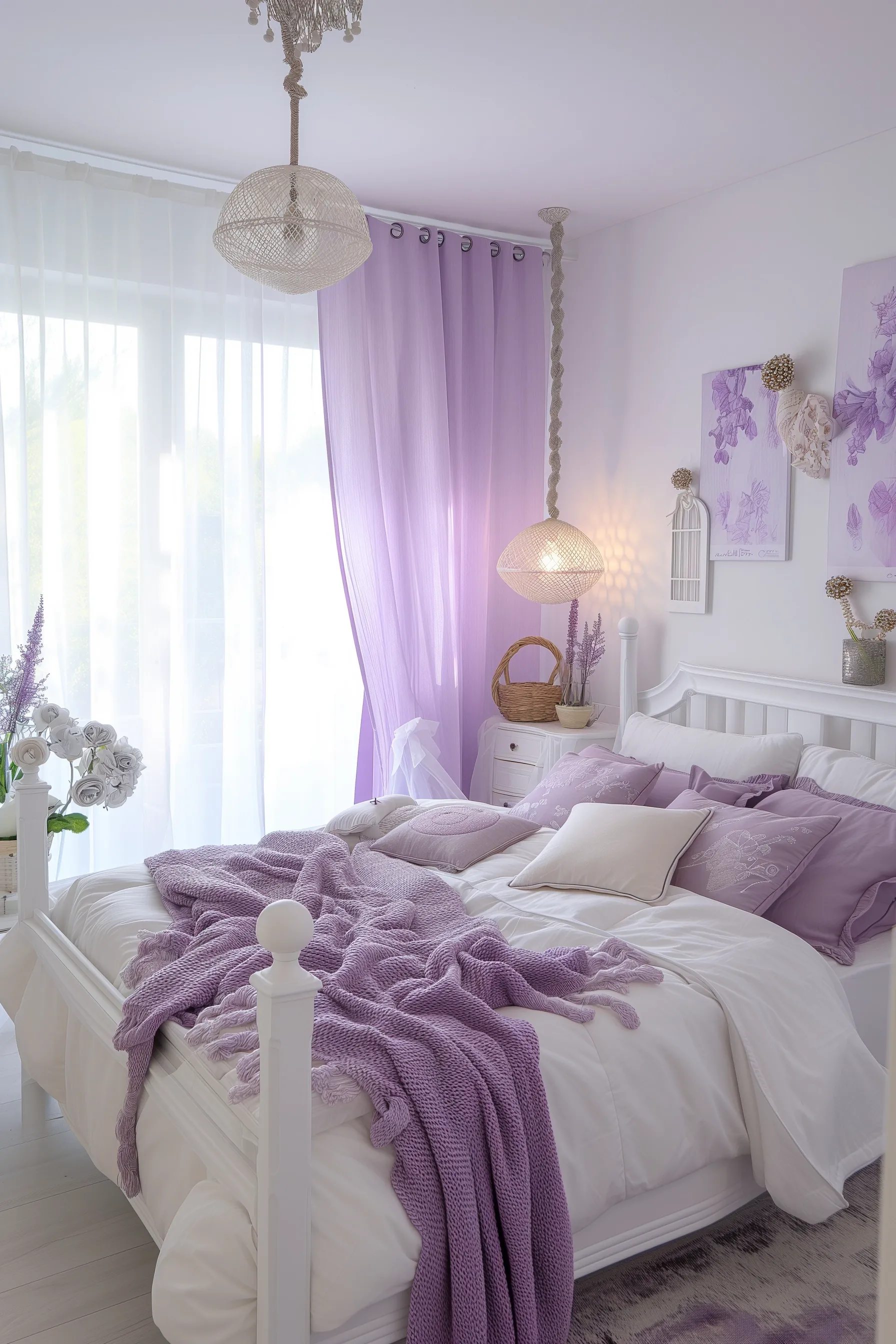 A purple and white bedroom with pillows, throws and flowers