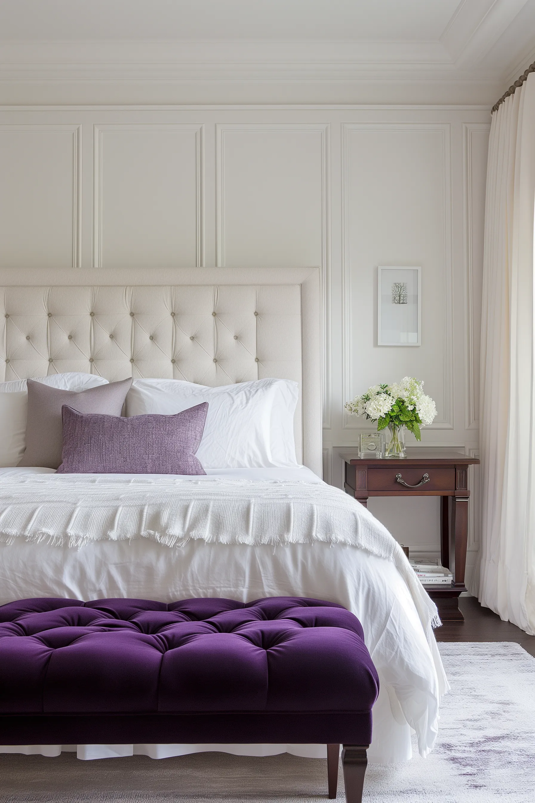 A white and purple bedroom with a purple bench