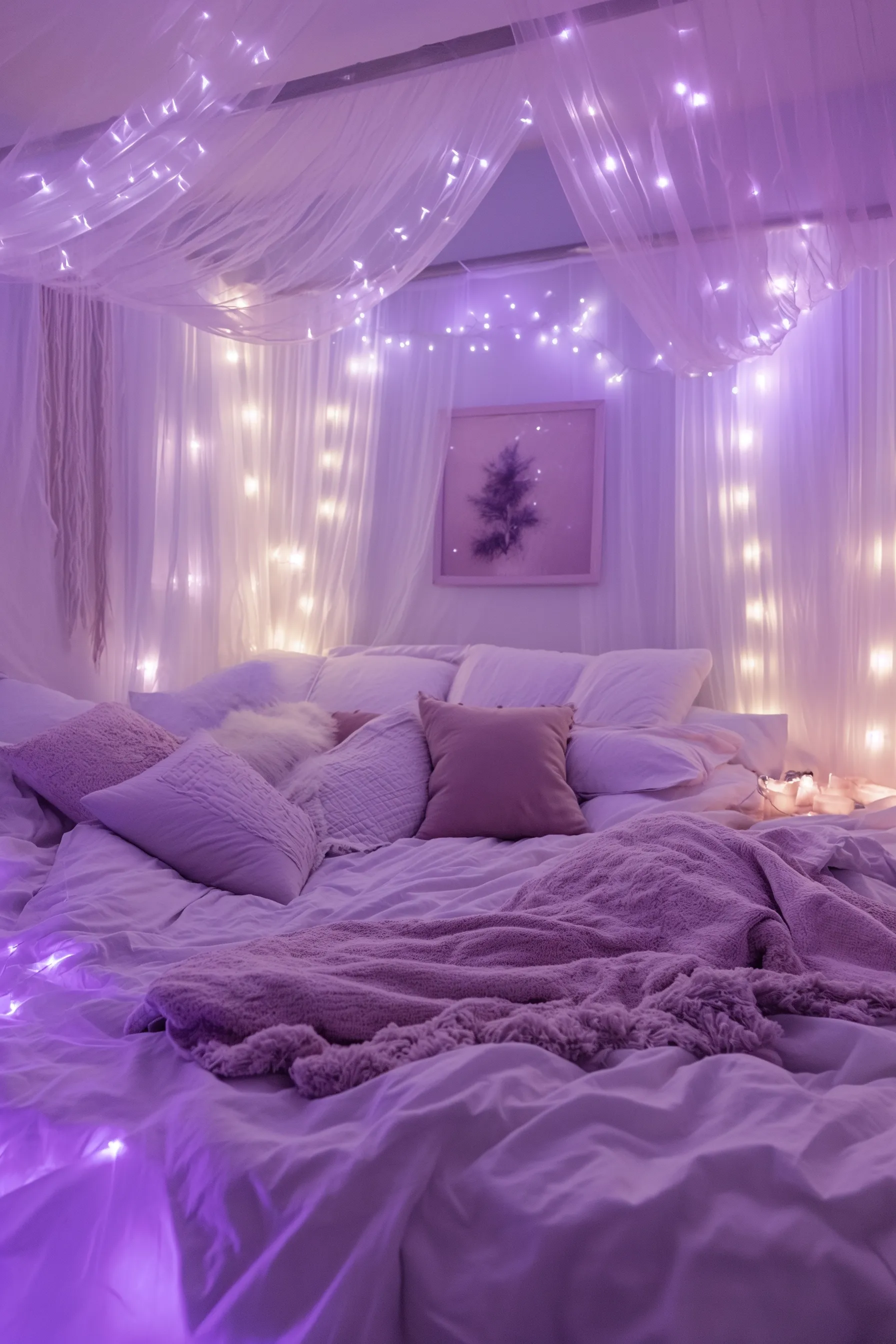 A purple and white bedroom with fairy lights