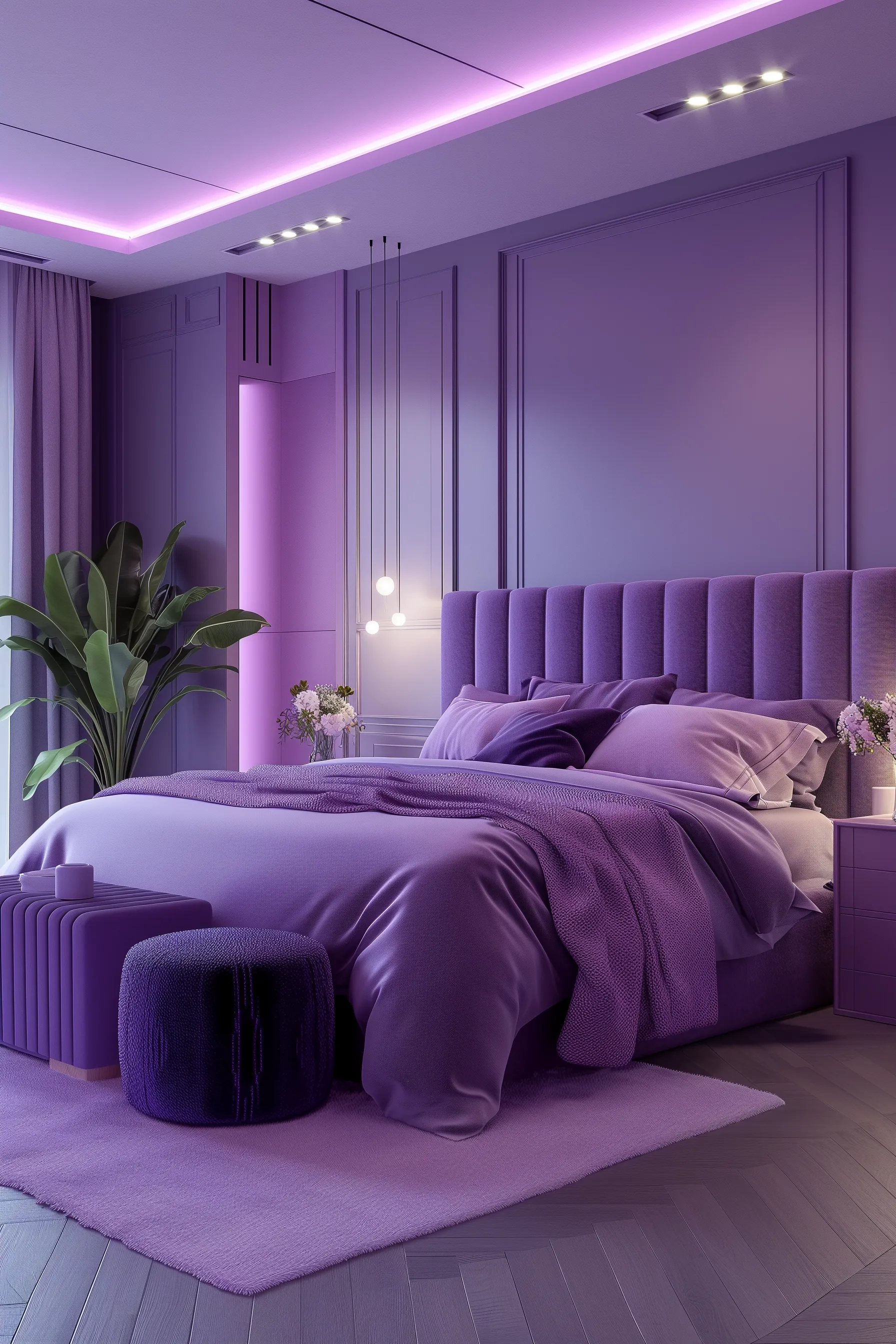 A purple bed with a purple headboard