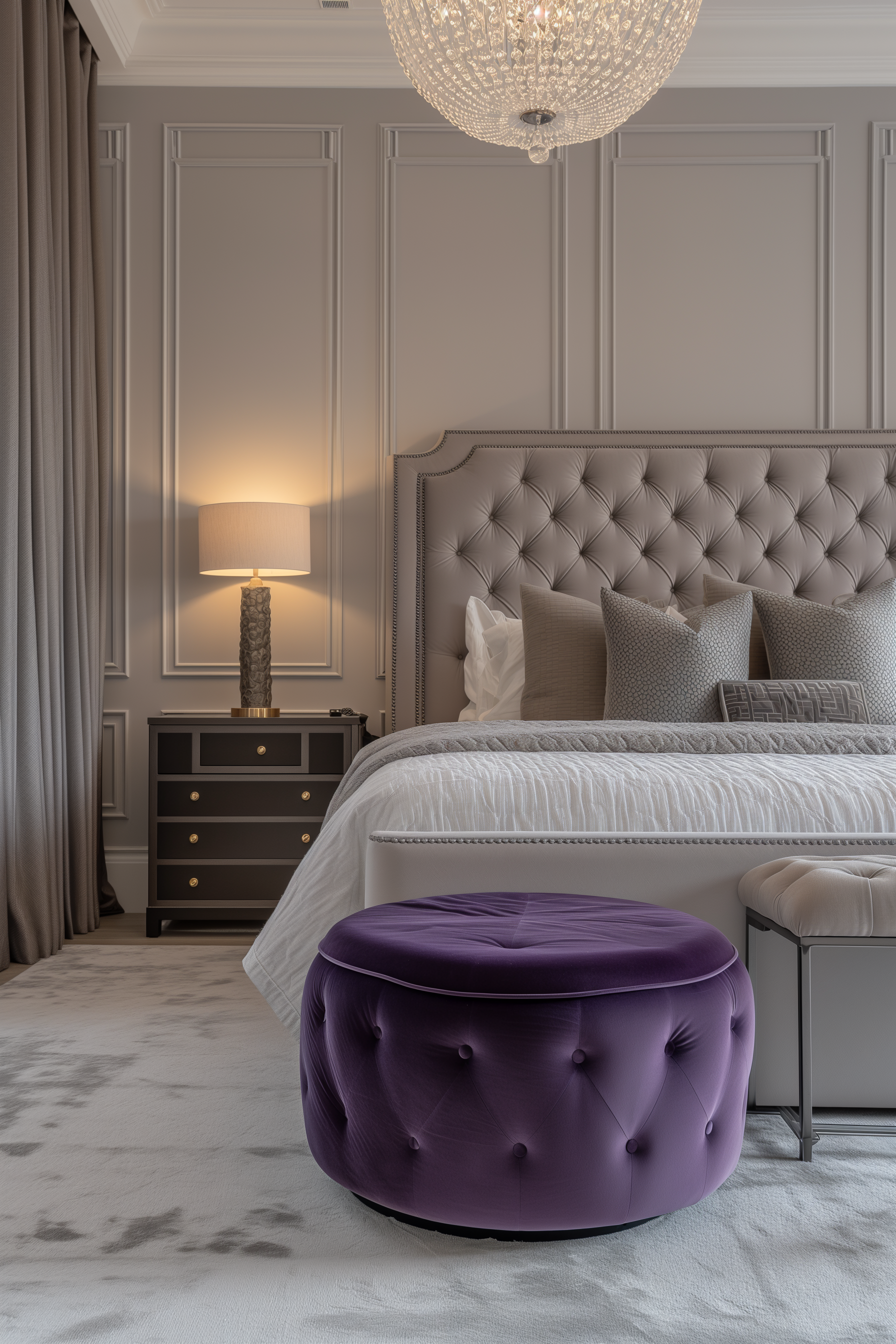 purple ottoman in a bedroom