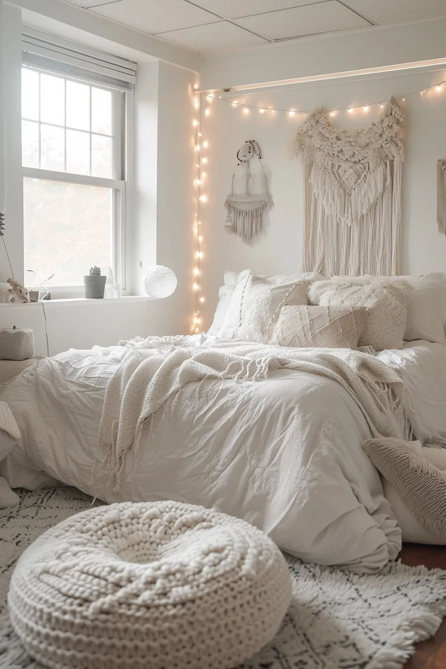 A dorm room with a bean bag and throw pillows