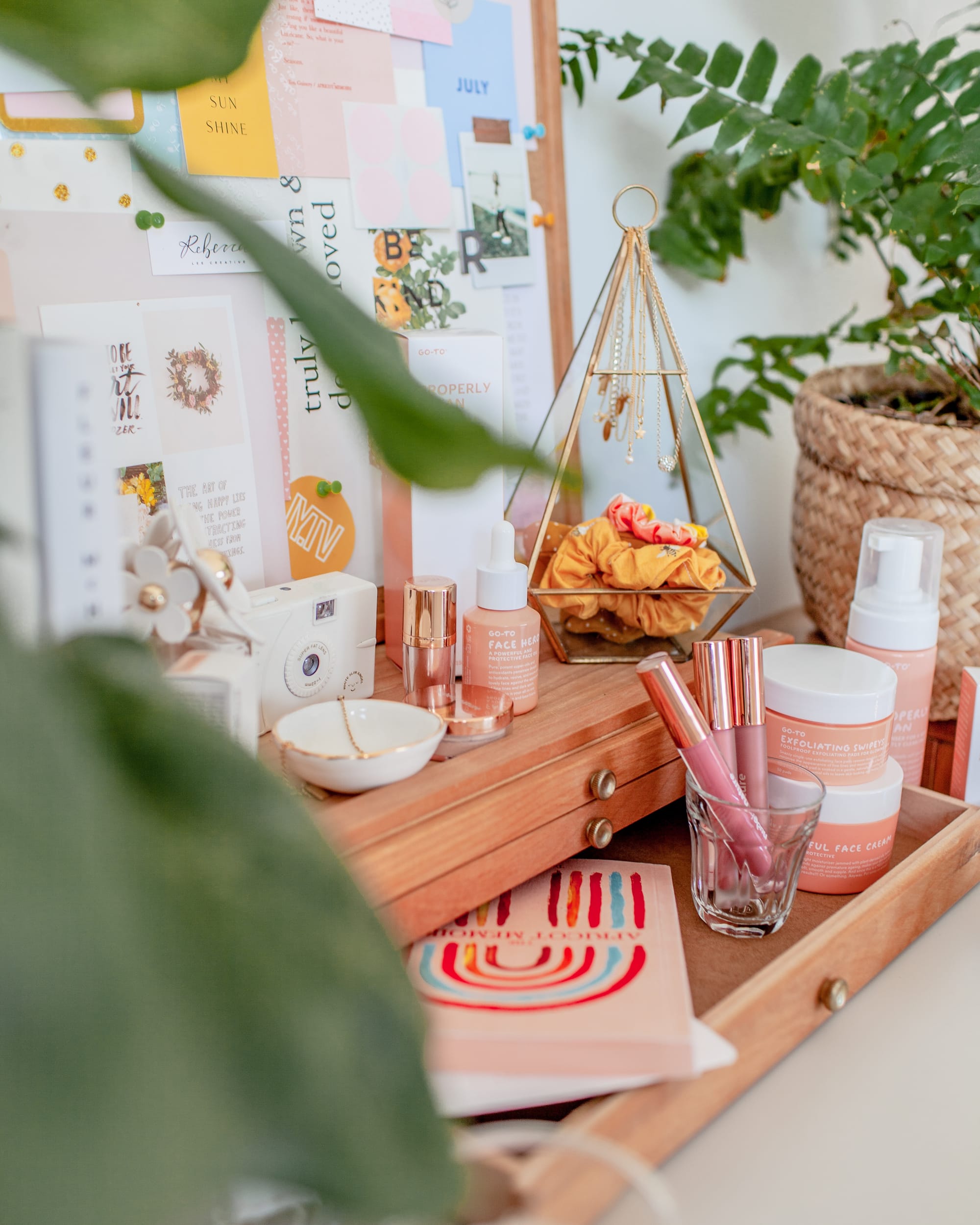 A wooden drawer with products