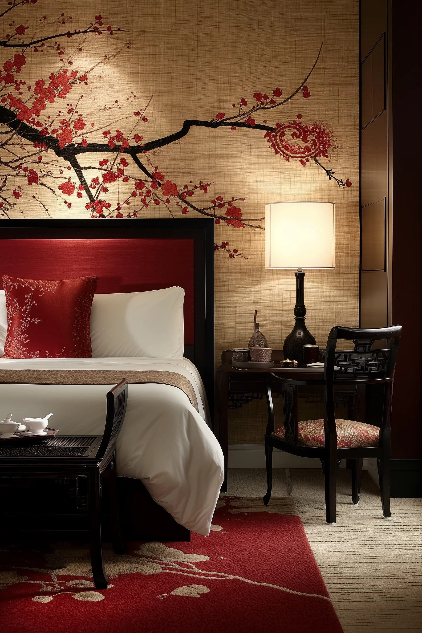 White bed with a red floral mural