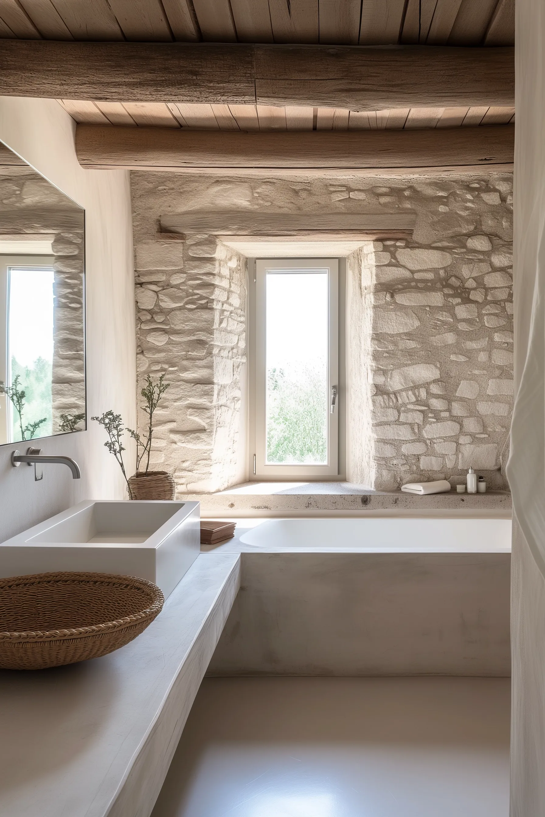 A bathroom with stone walls