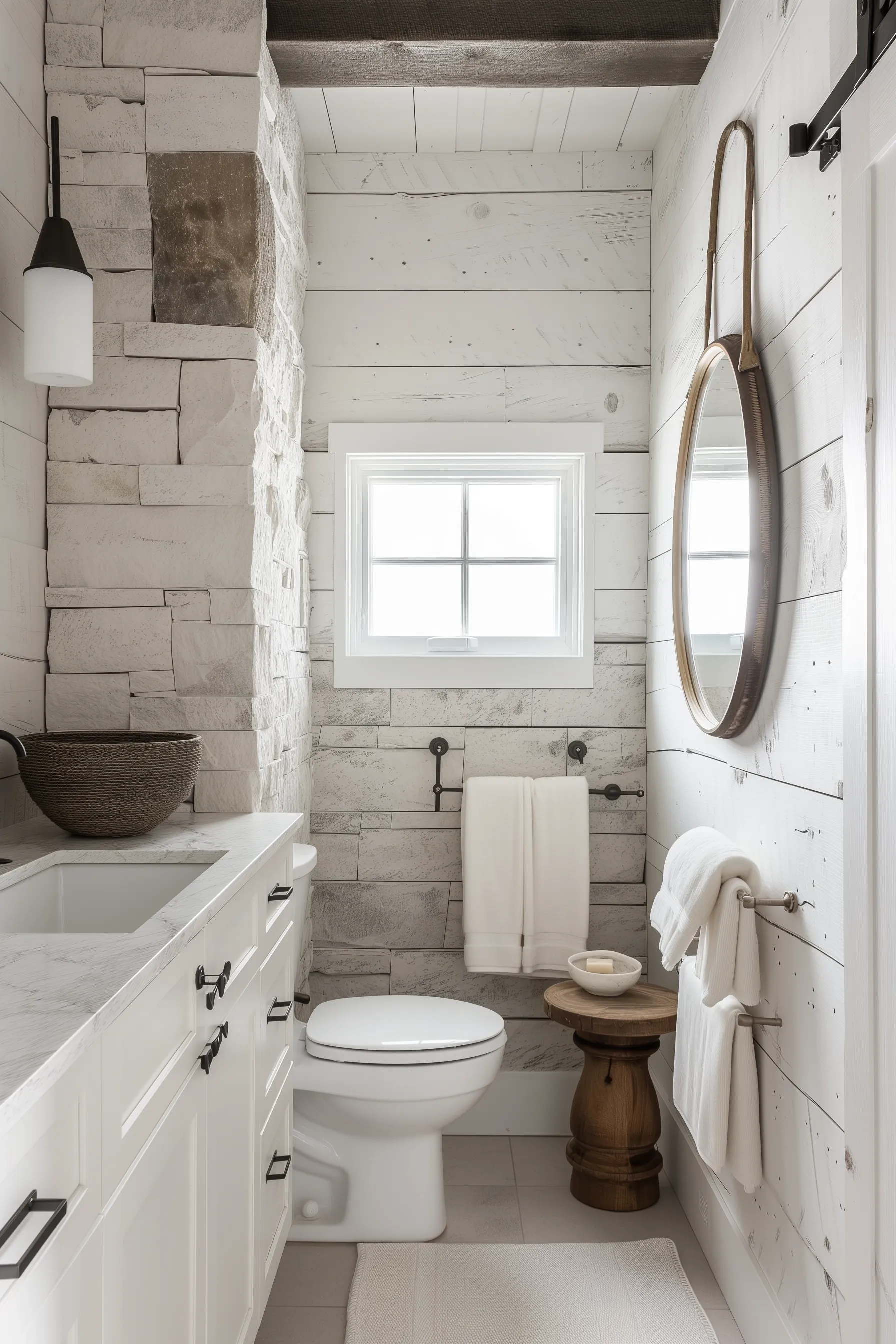 Vintage lights and vintage accents in a bathroom