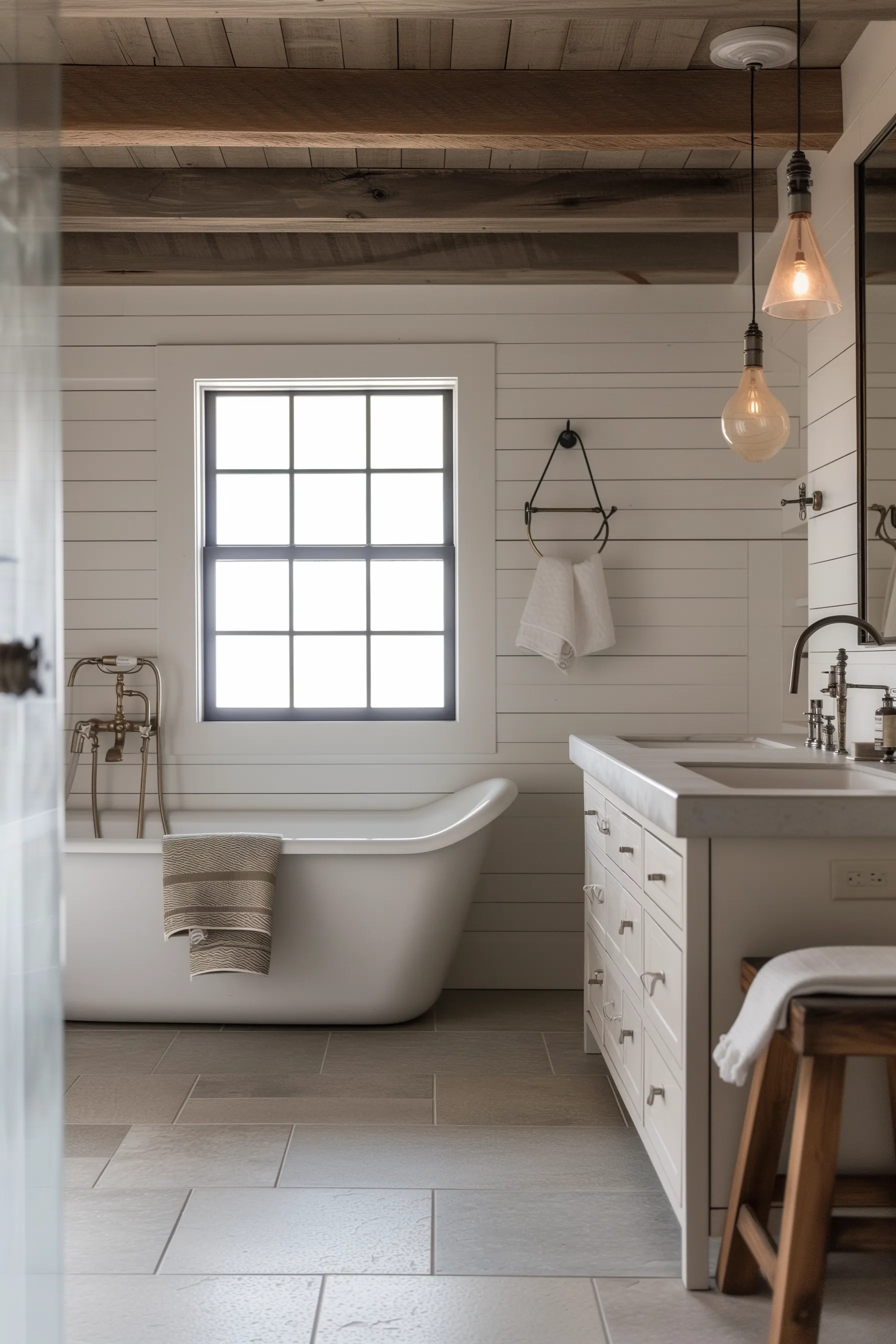 A white bathroom with a bath tub, wooden stool and rustic lighting.