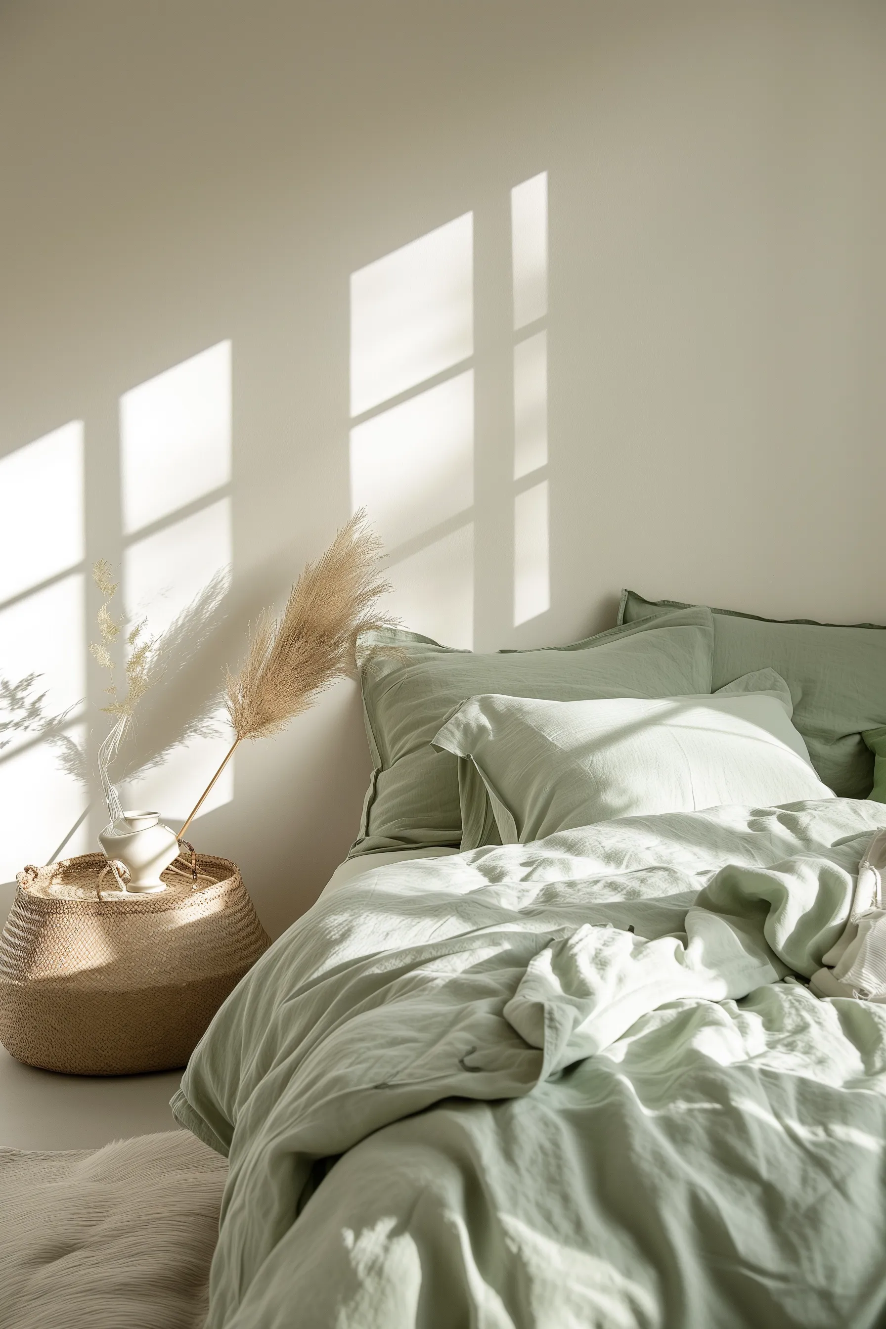 A sage green bedroom