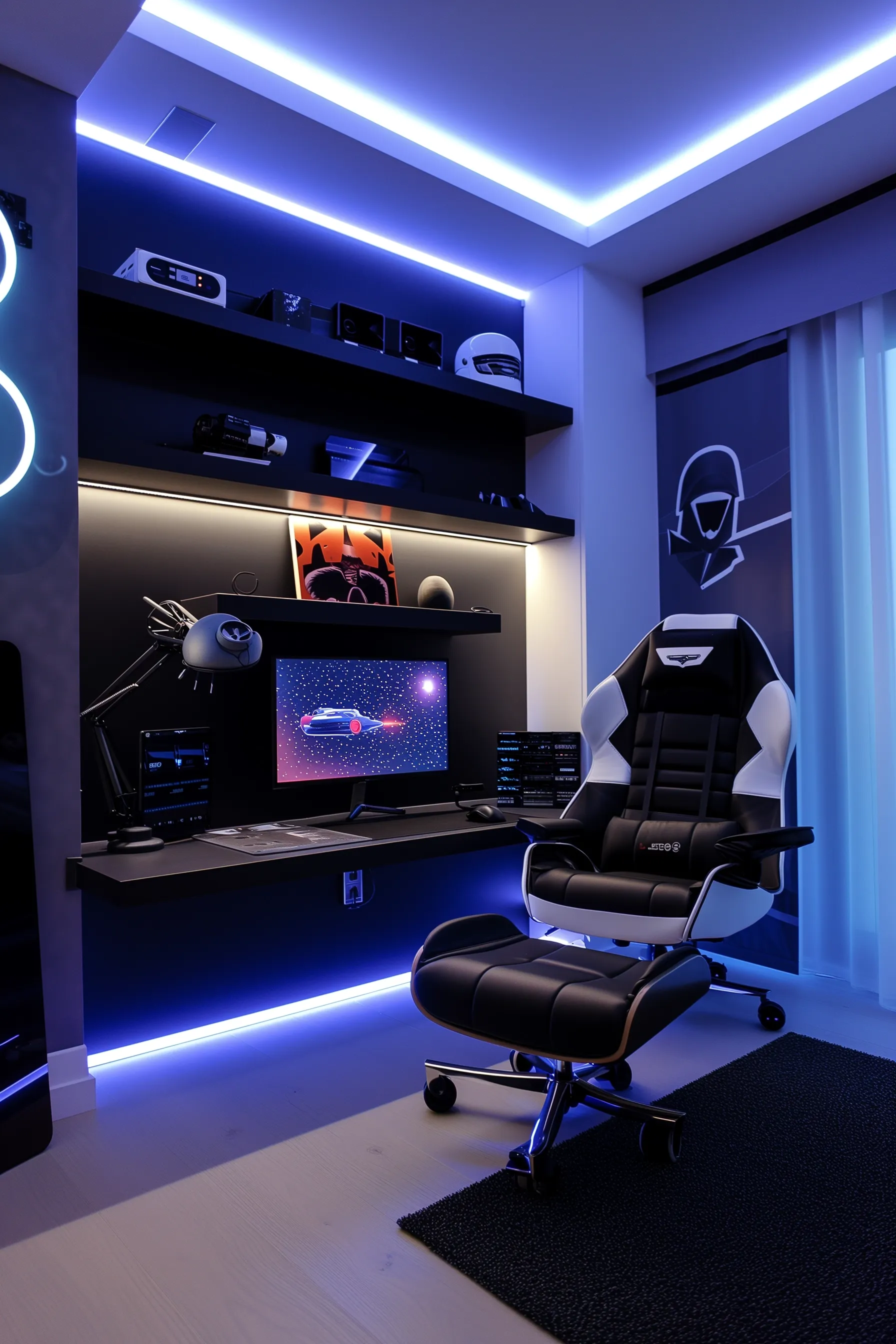 Blue LED lights, black gaming chair and a desk