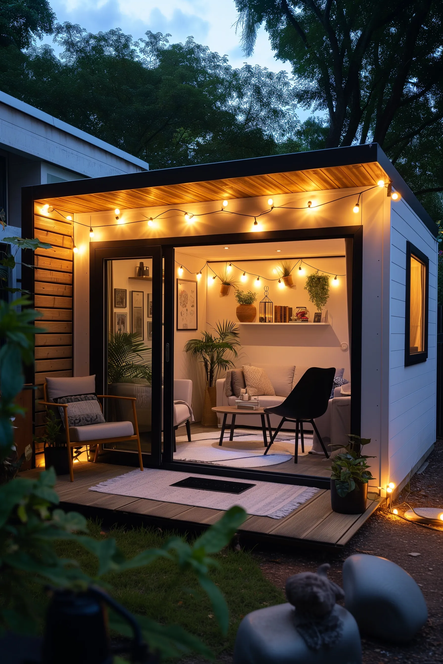 An outdoor shed with fairy lights and furniture