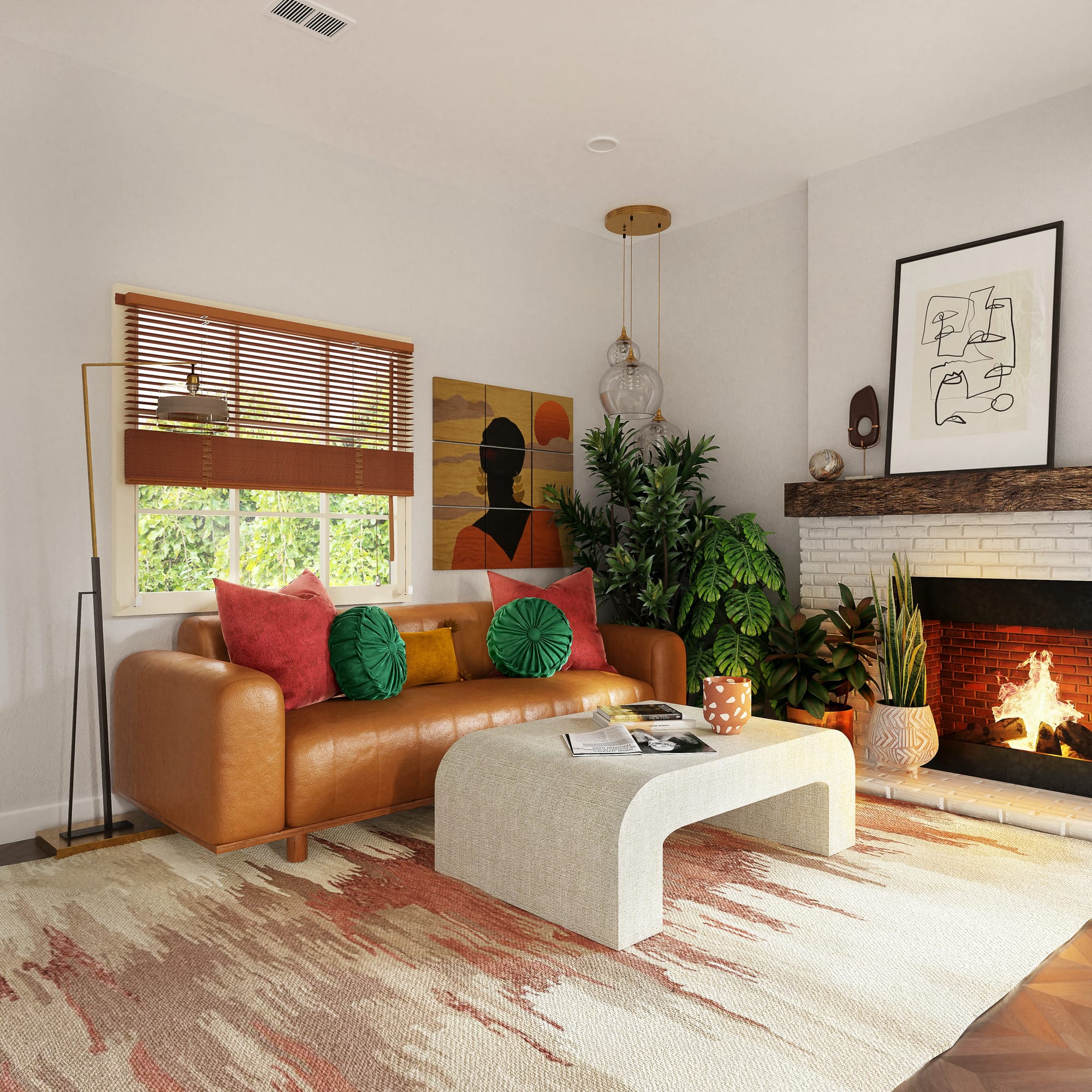A leather, white and earthy toned living room with a fireplace