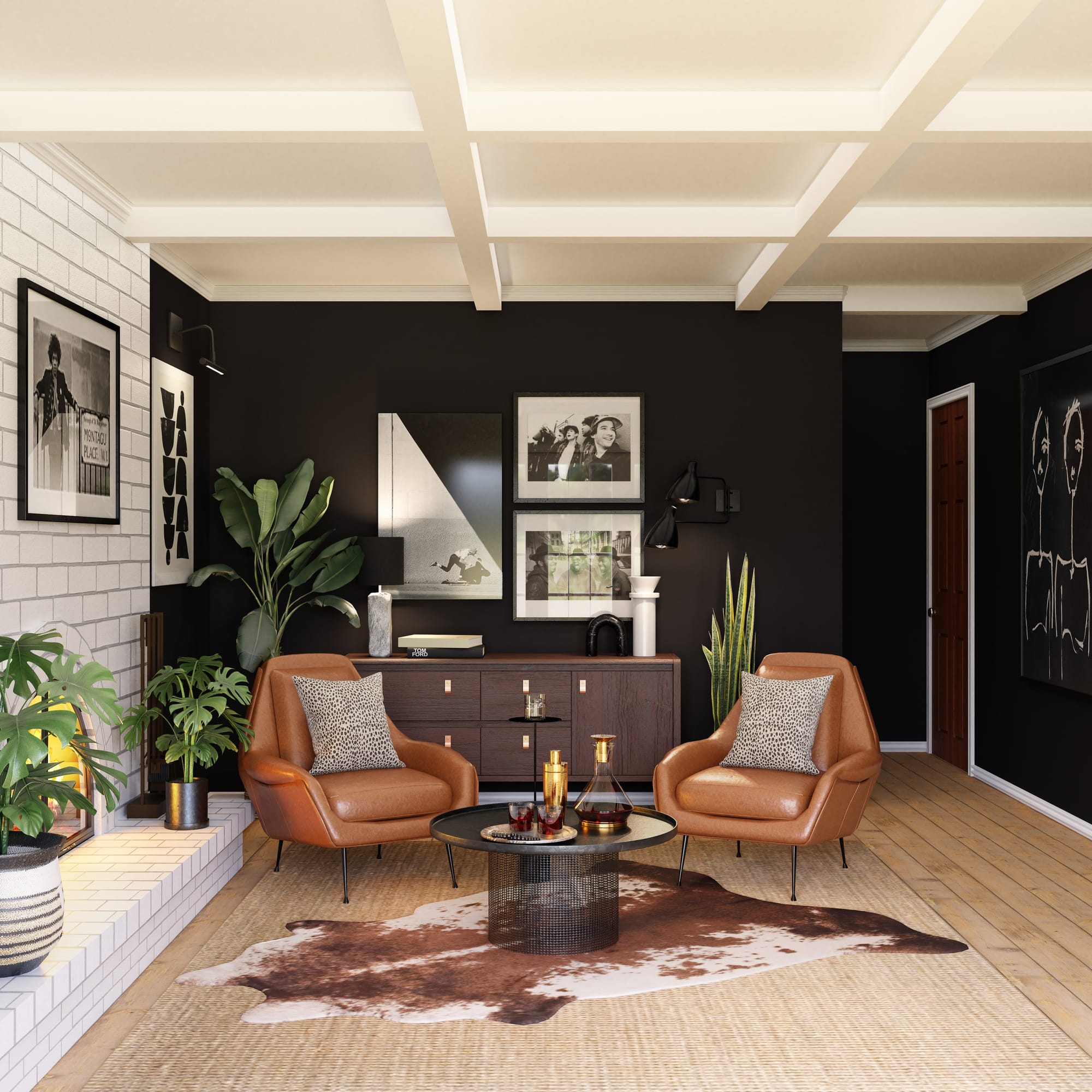A living room with leather chairs and an accent wall