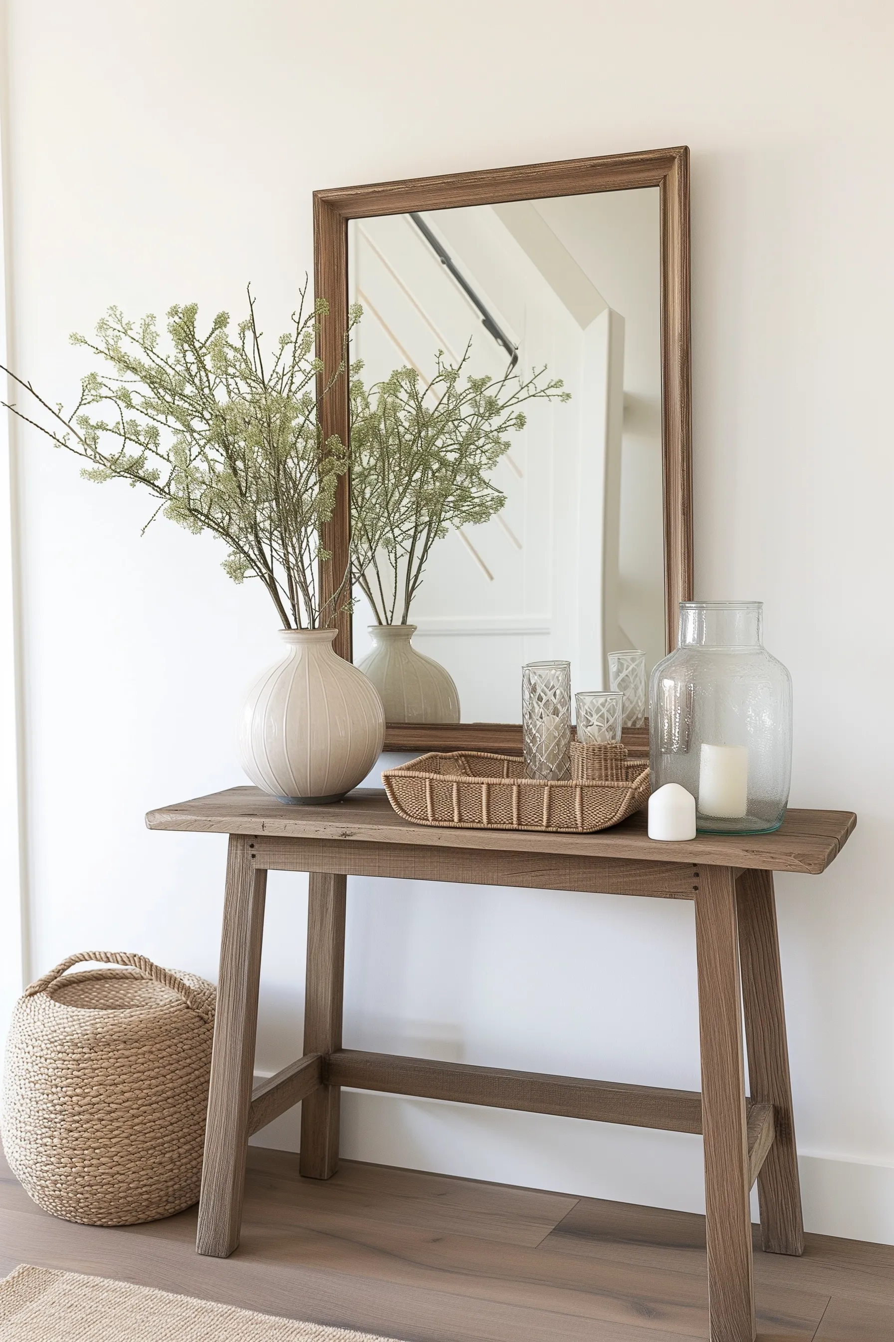 A wooden entry table with a table lamp, vase, and rattan baskets