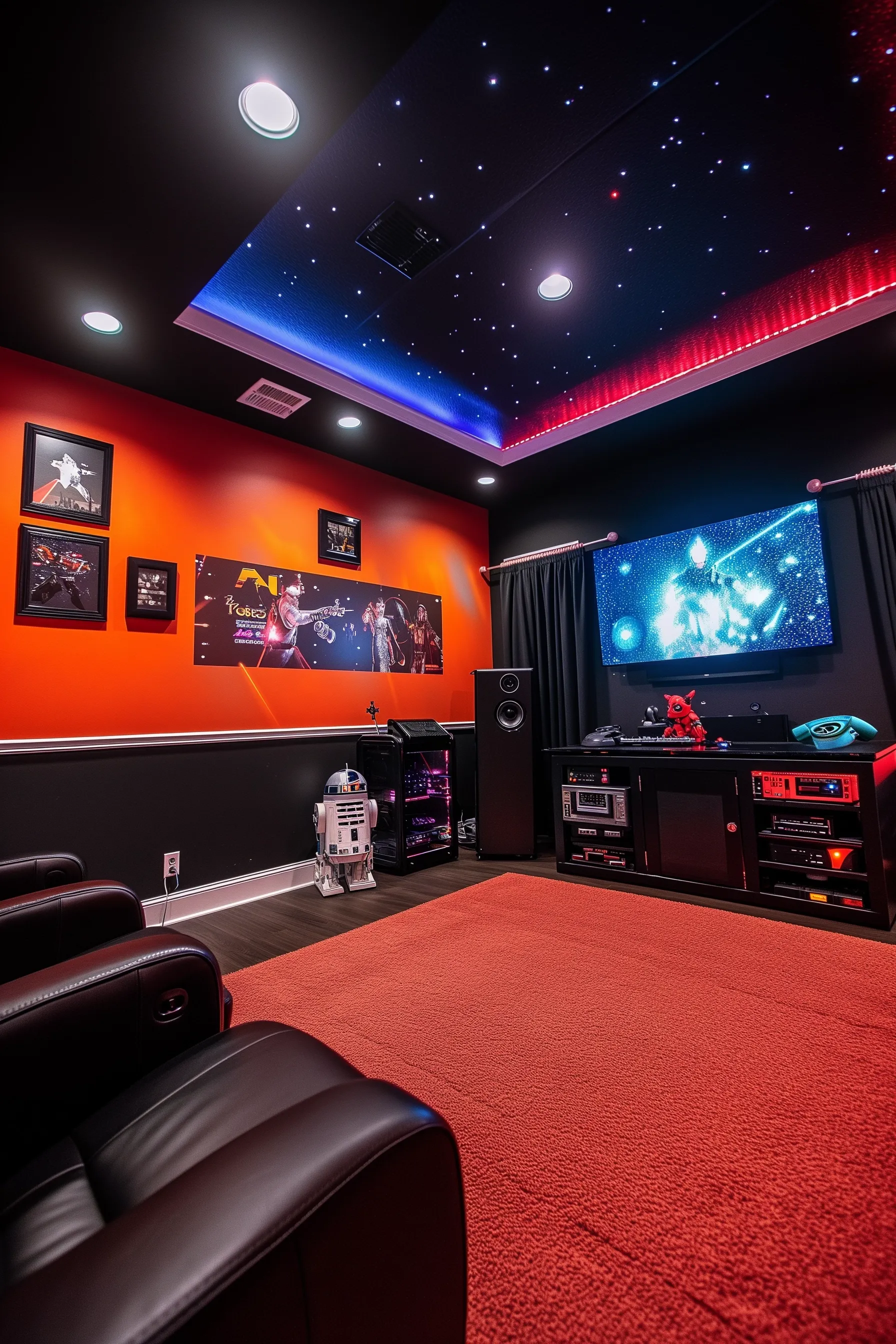 A blue and red themed game star wars game room