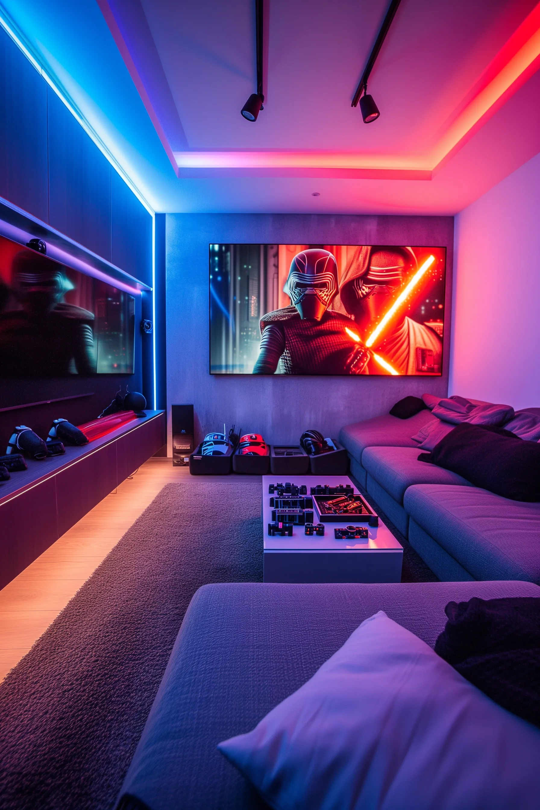 A star wars game room with a gray couch and consoles