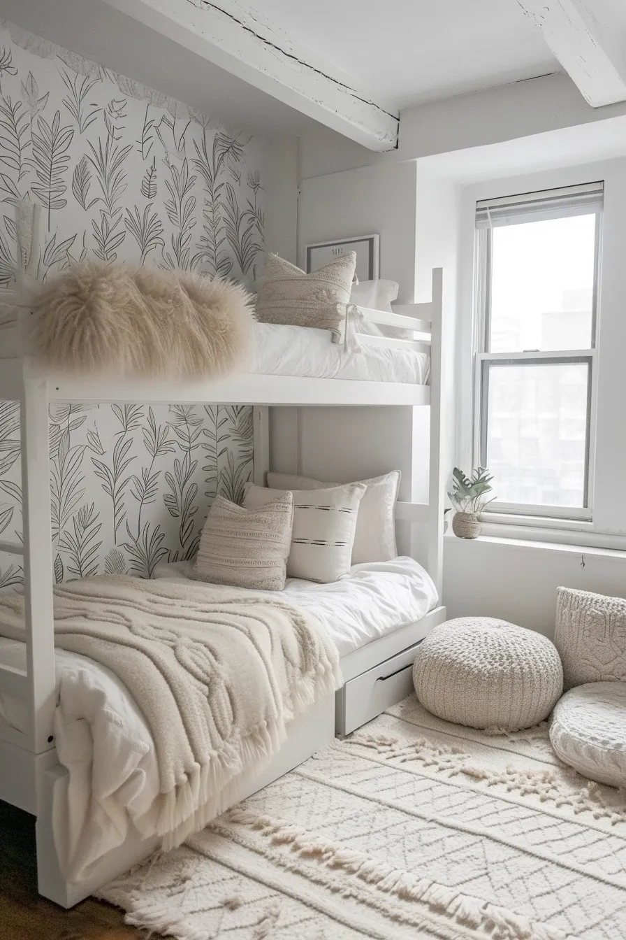 A white boho dorm room with stick wallpaper