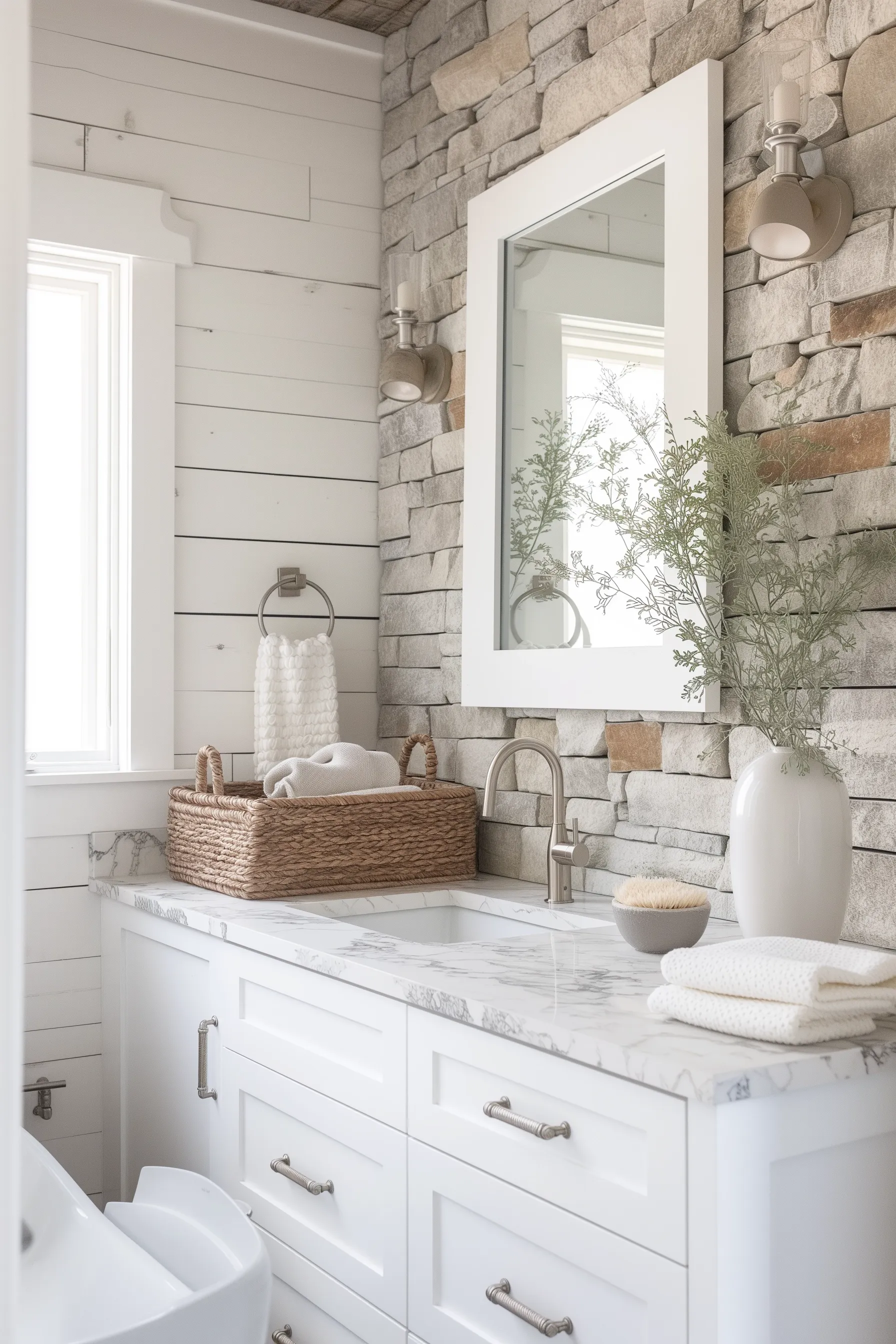 A bathroom with a stone wall and marble countertop