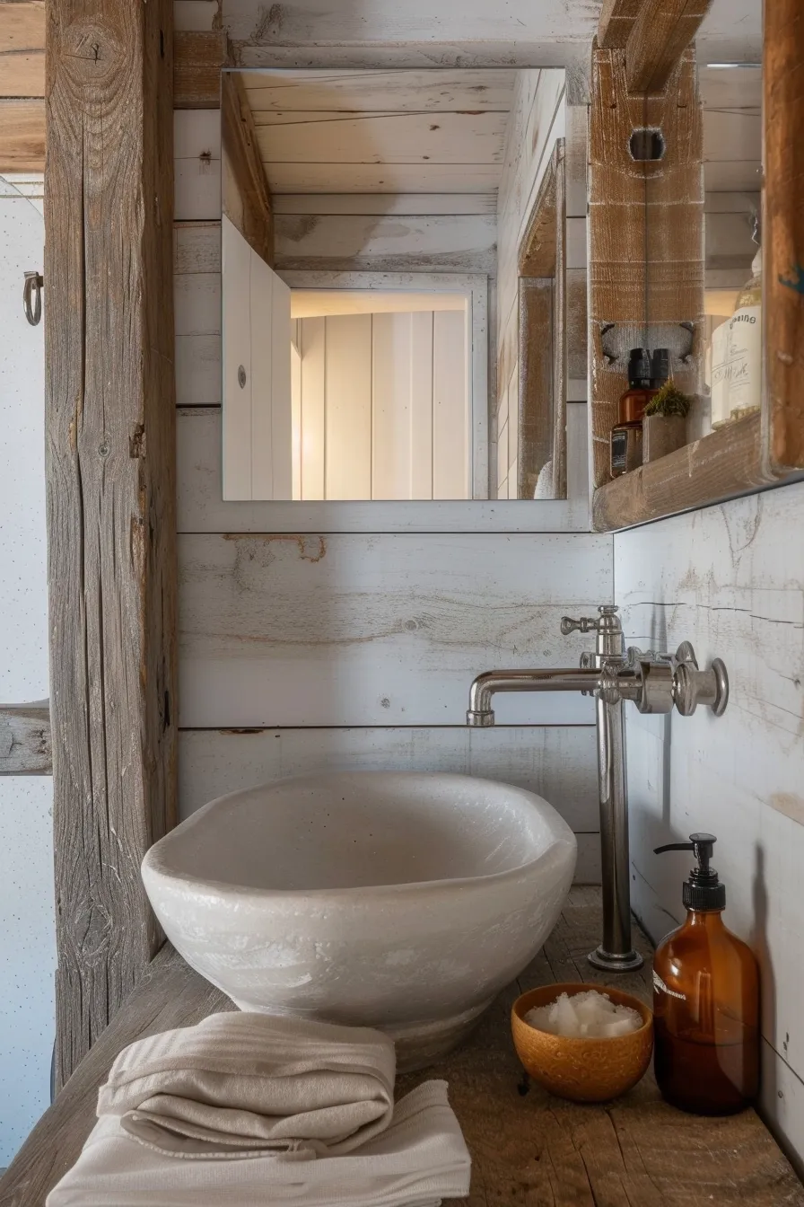 Wooden beams with a white bathtub and wooden sink