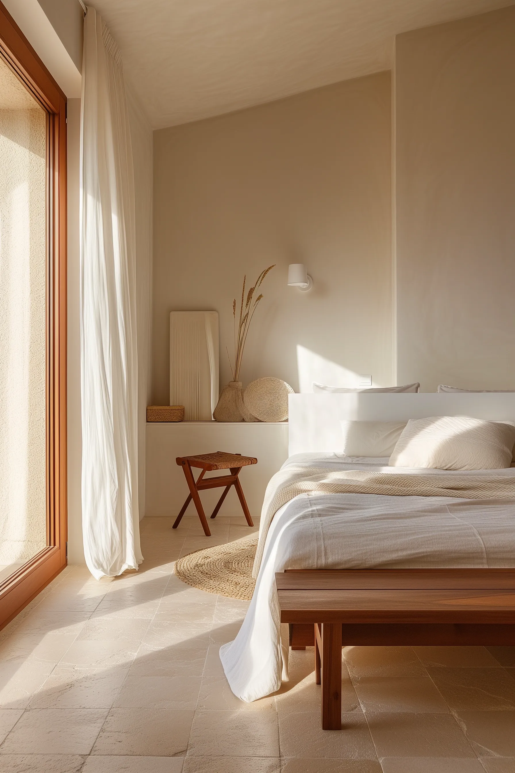 A bedroom with natural materials such as wood, rattan and pampas grass