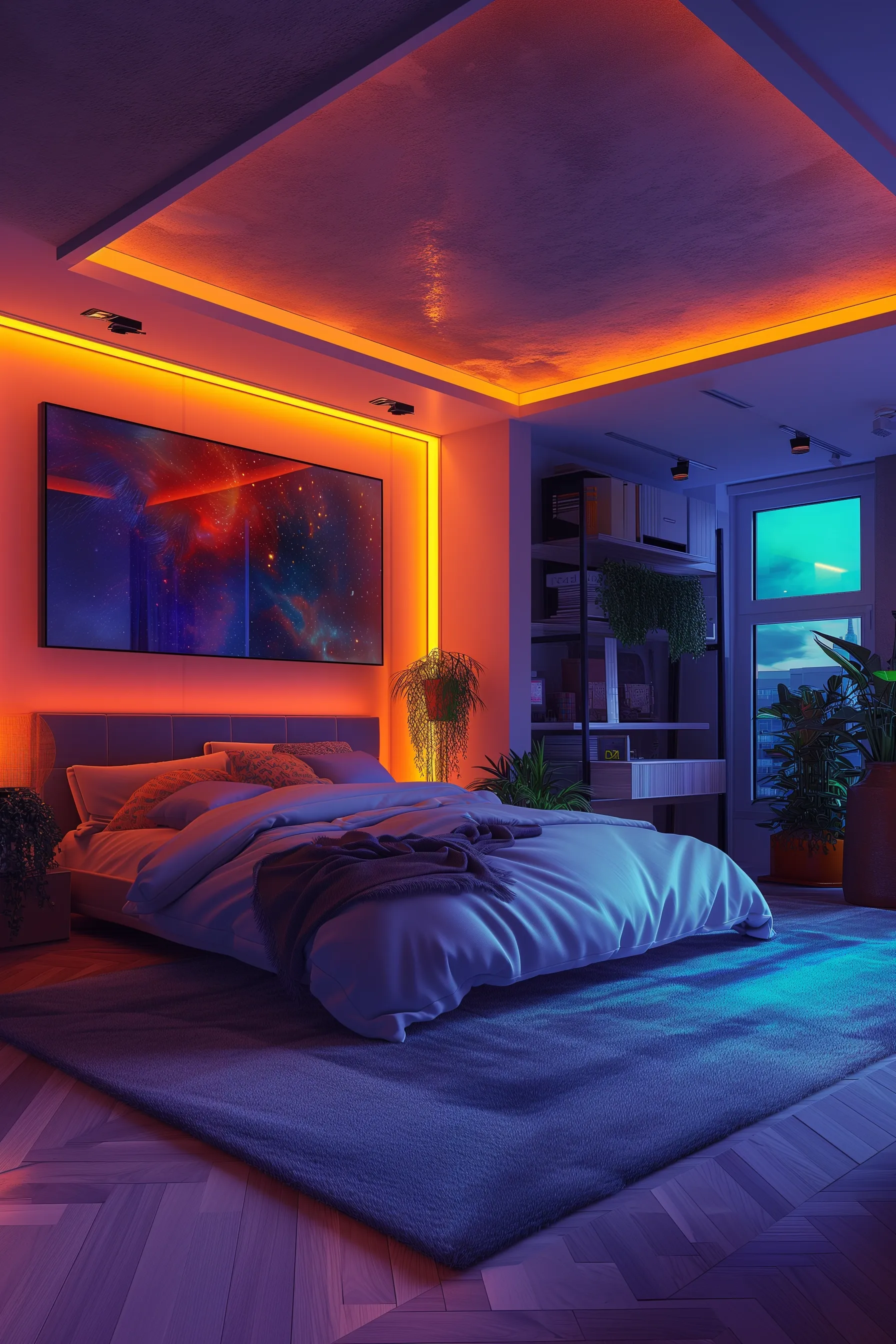 A futuristic bedroom with orange and yellow lights