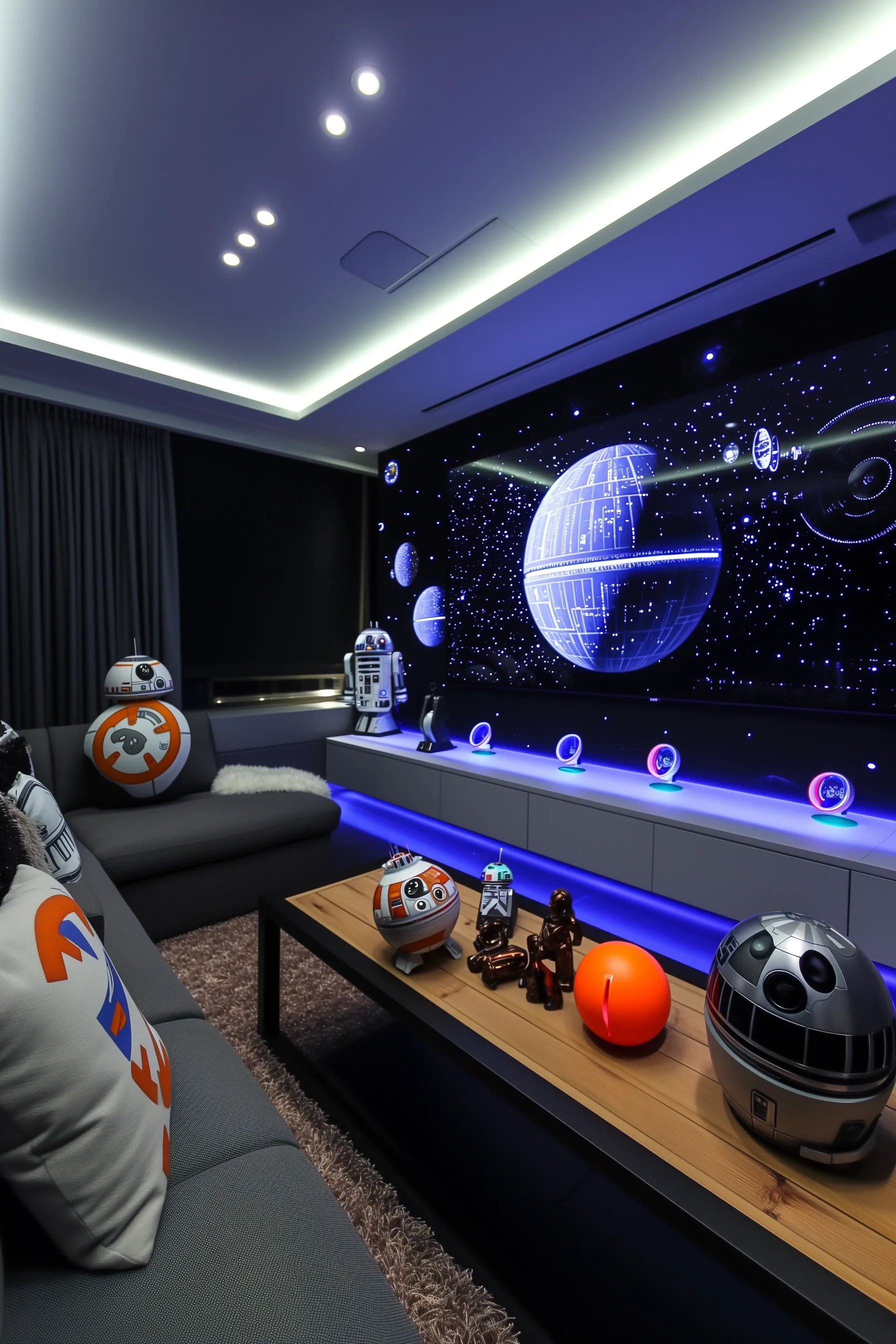 A game room with starwars merch and a grey couch