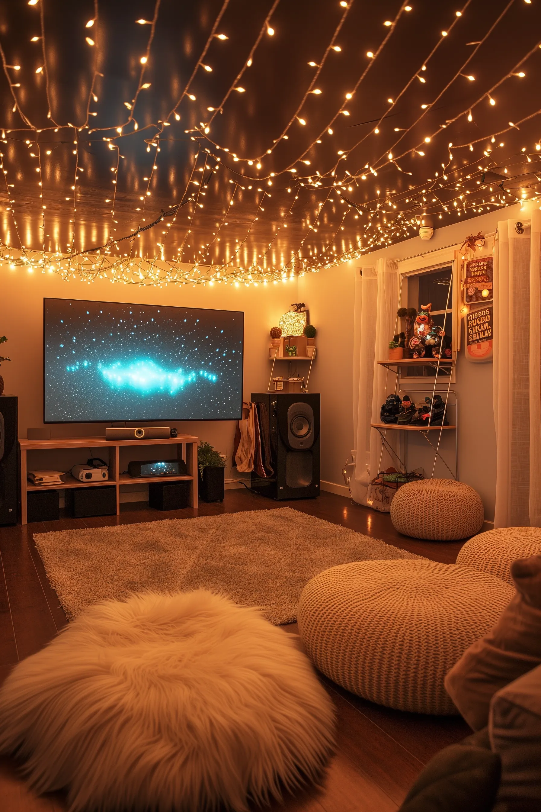A game room with fairy lights