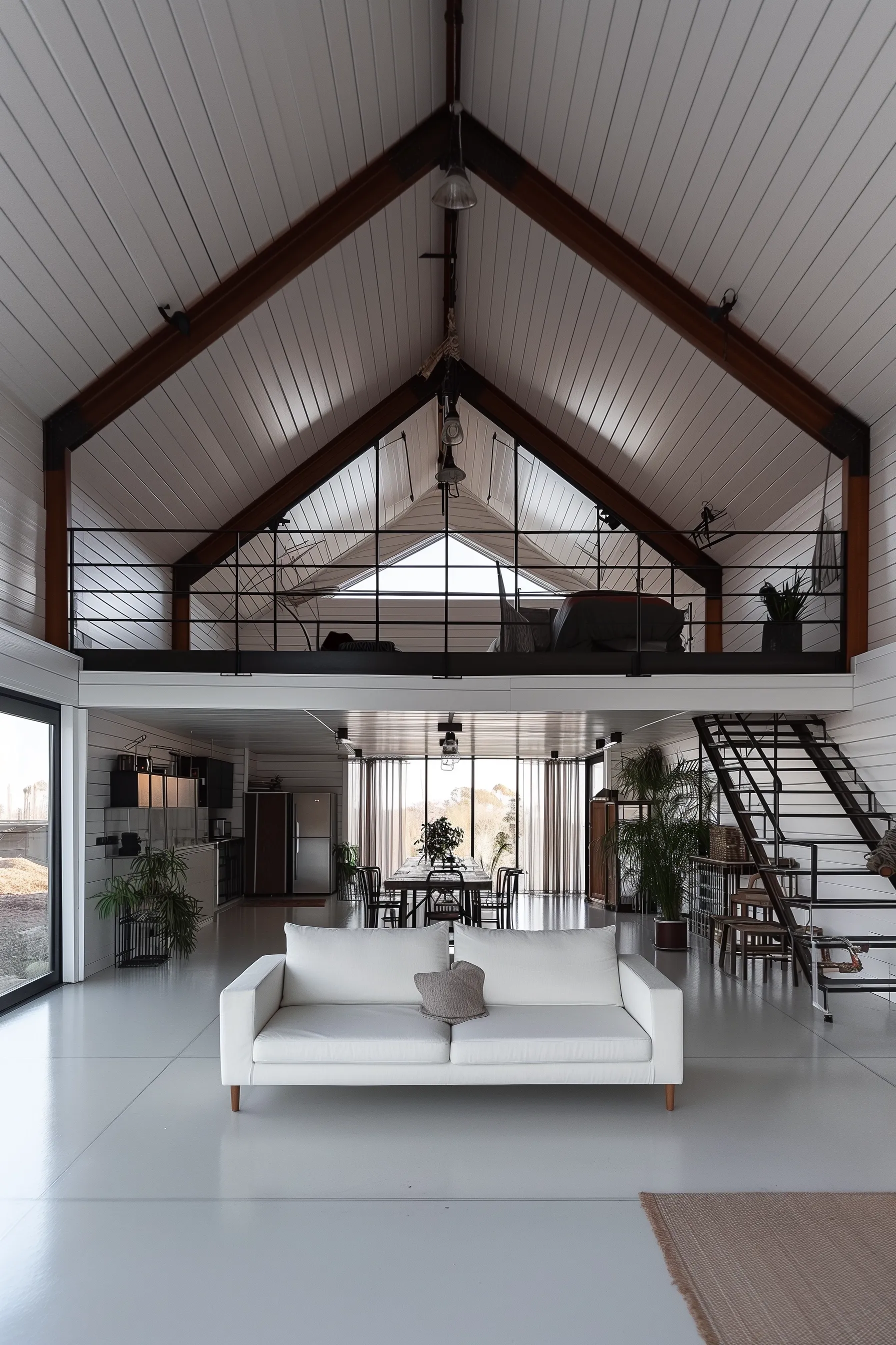 A large loft style pole barn with a white couch and white wood