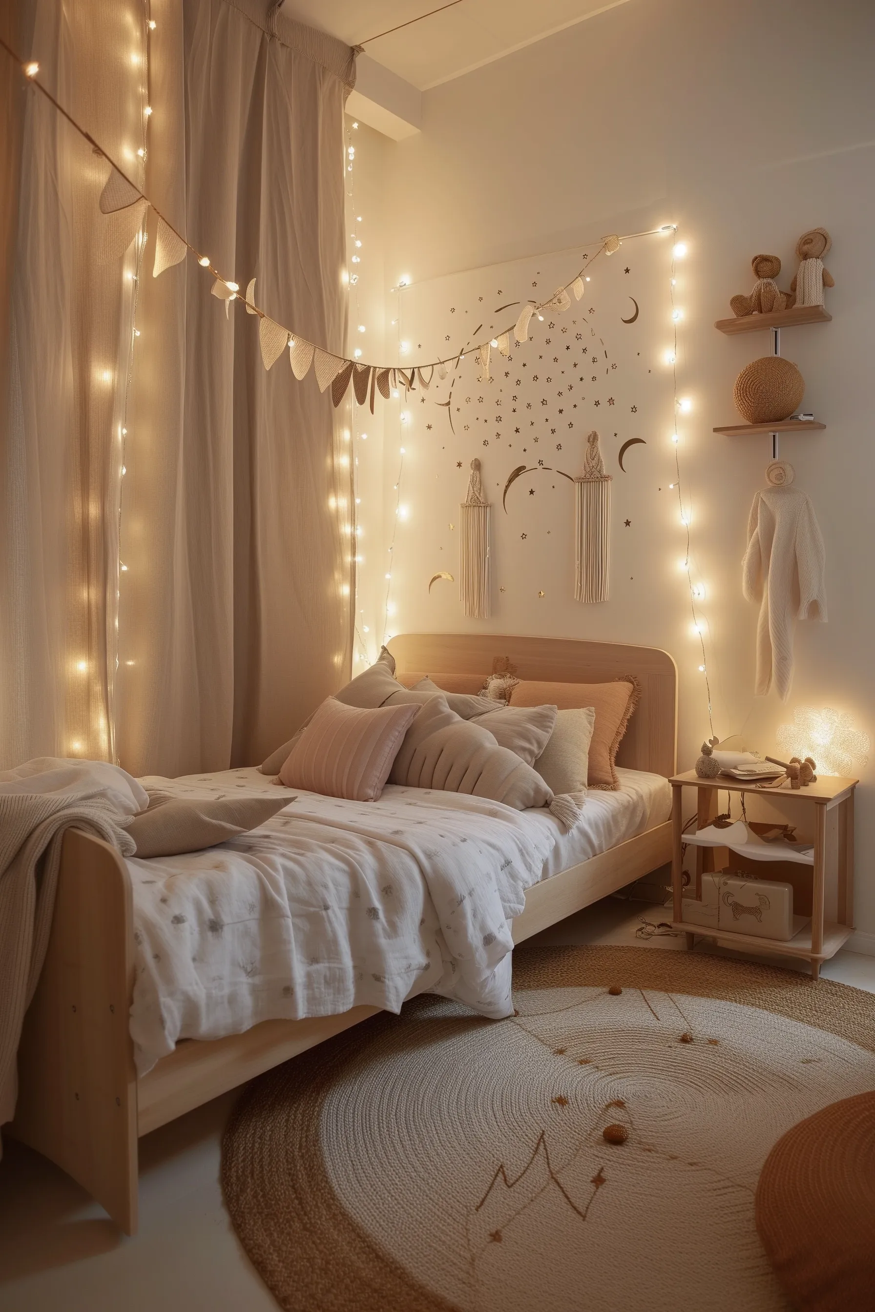A white and brown childs bedroom with a large area rug and fairy lights