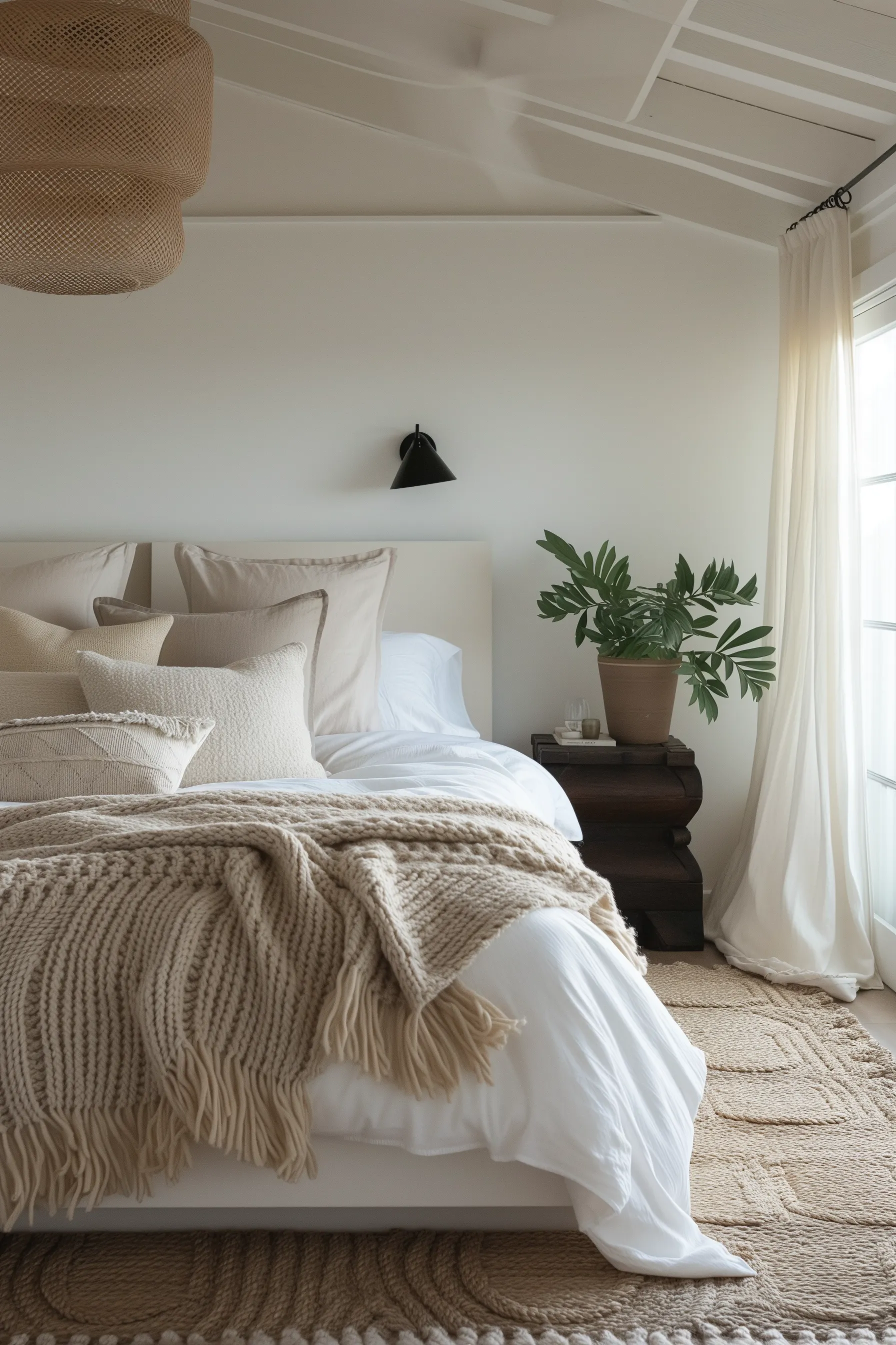 A white bed with a knit rug and blanket.