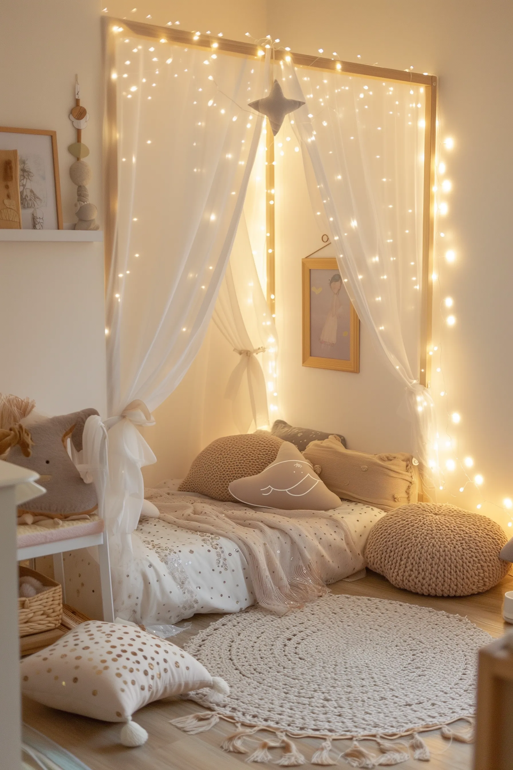 A white and brown bedroom with an ottoman, canopy and fairy lights