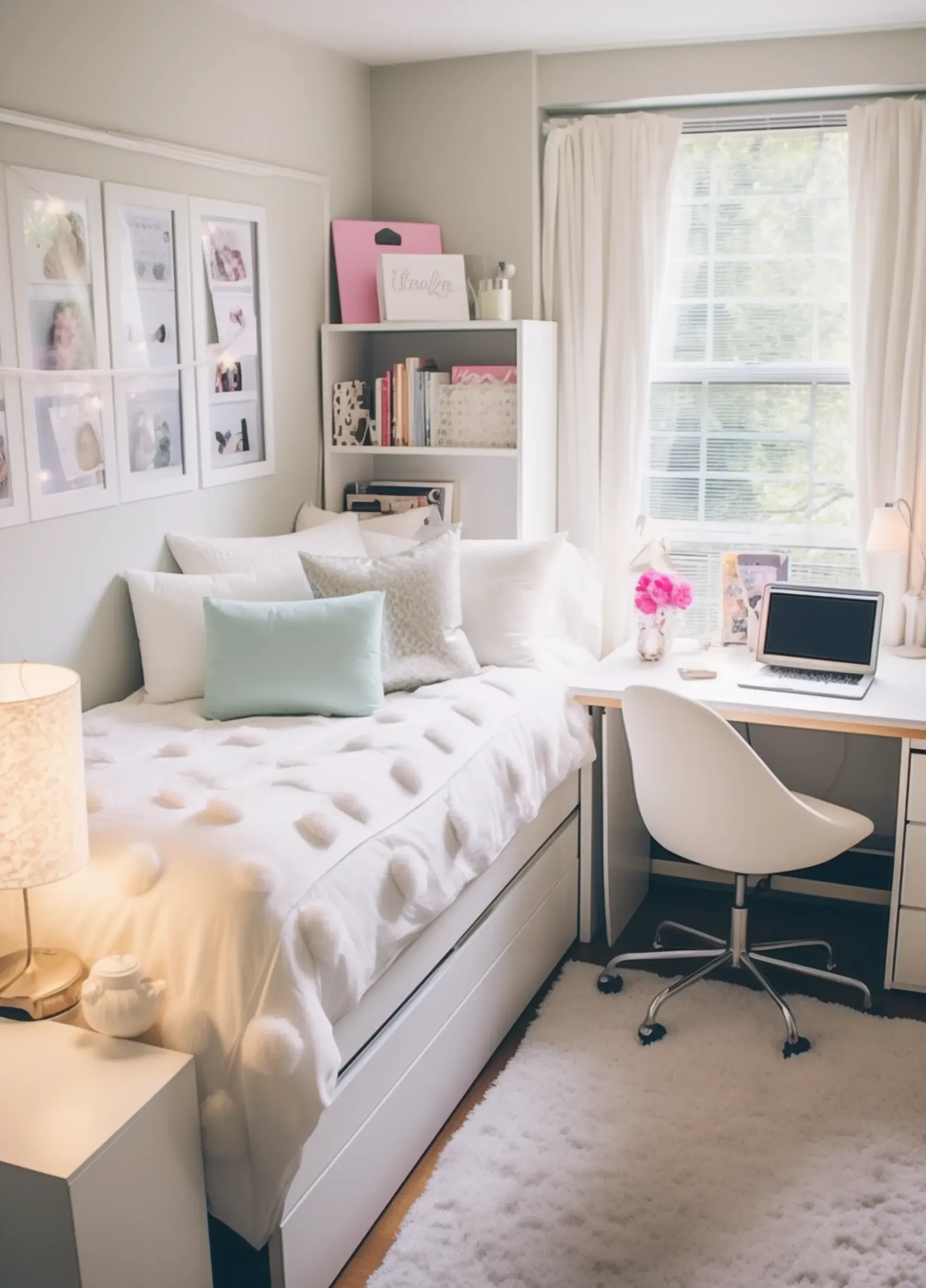 A dorm room with a white and pastel color scheme