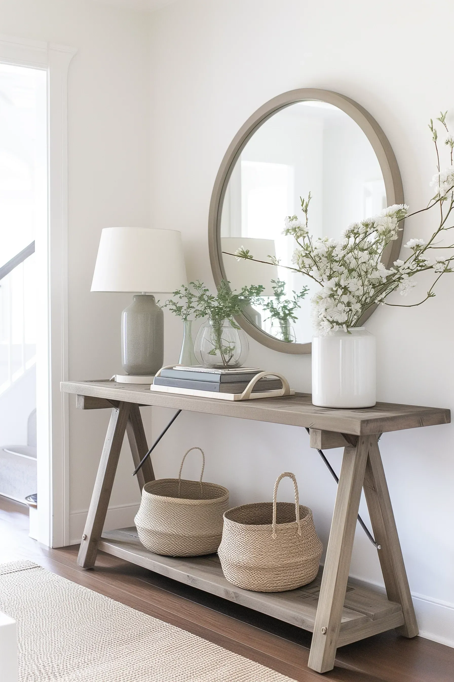 A white farmhouse wooden entry table with white flowers, coffee table books, and rattan baskets