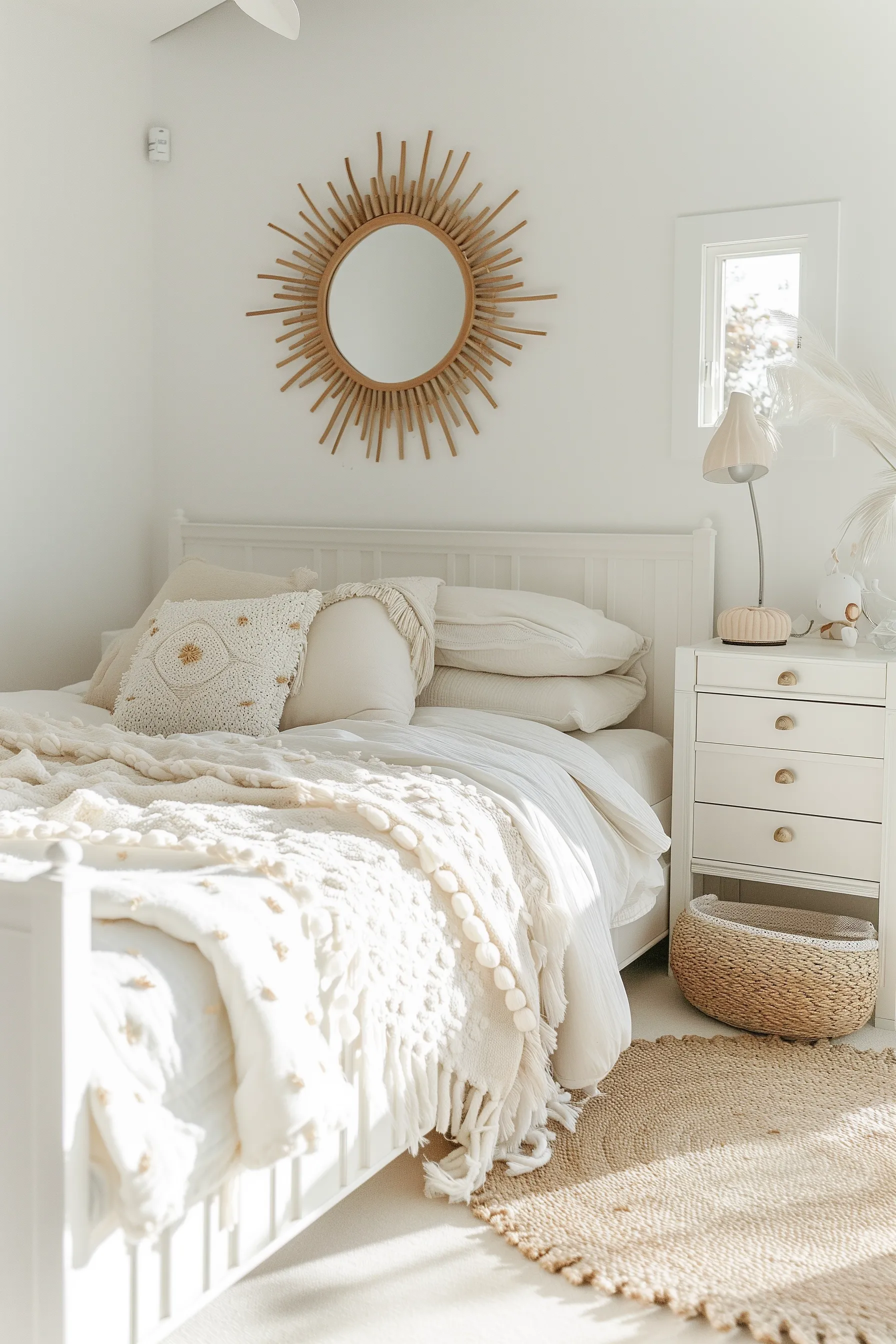 A boho bedroom with a large mirror