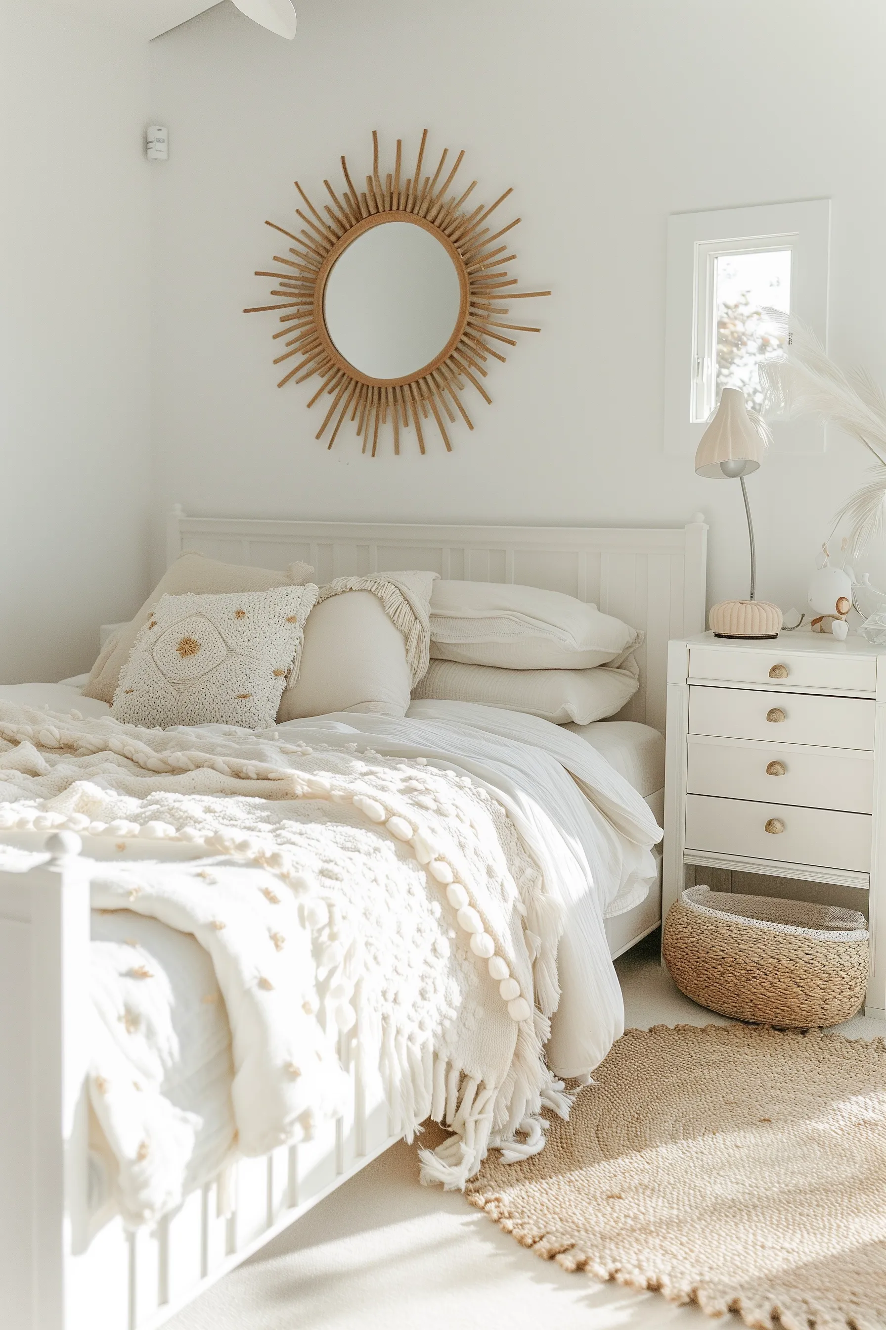 This sunny aesthetic little girls bedroom features lots of yellow accents which you can easily change with paint colours. It also has white walls to make these accents really pop. There is lighting, and a rug