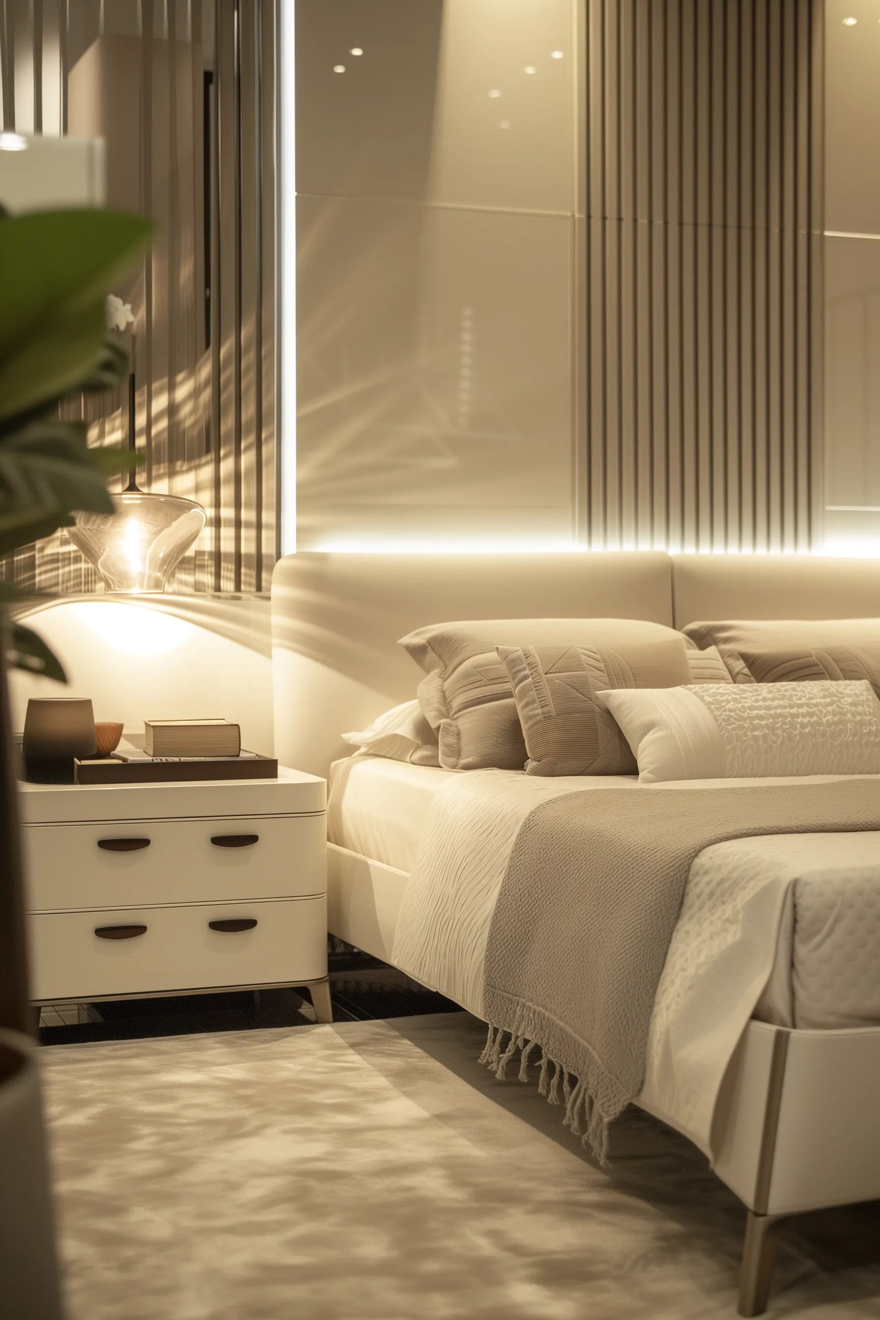 A white bedroom with a large white area rug