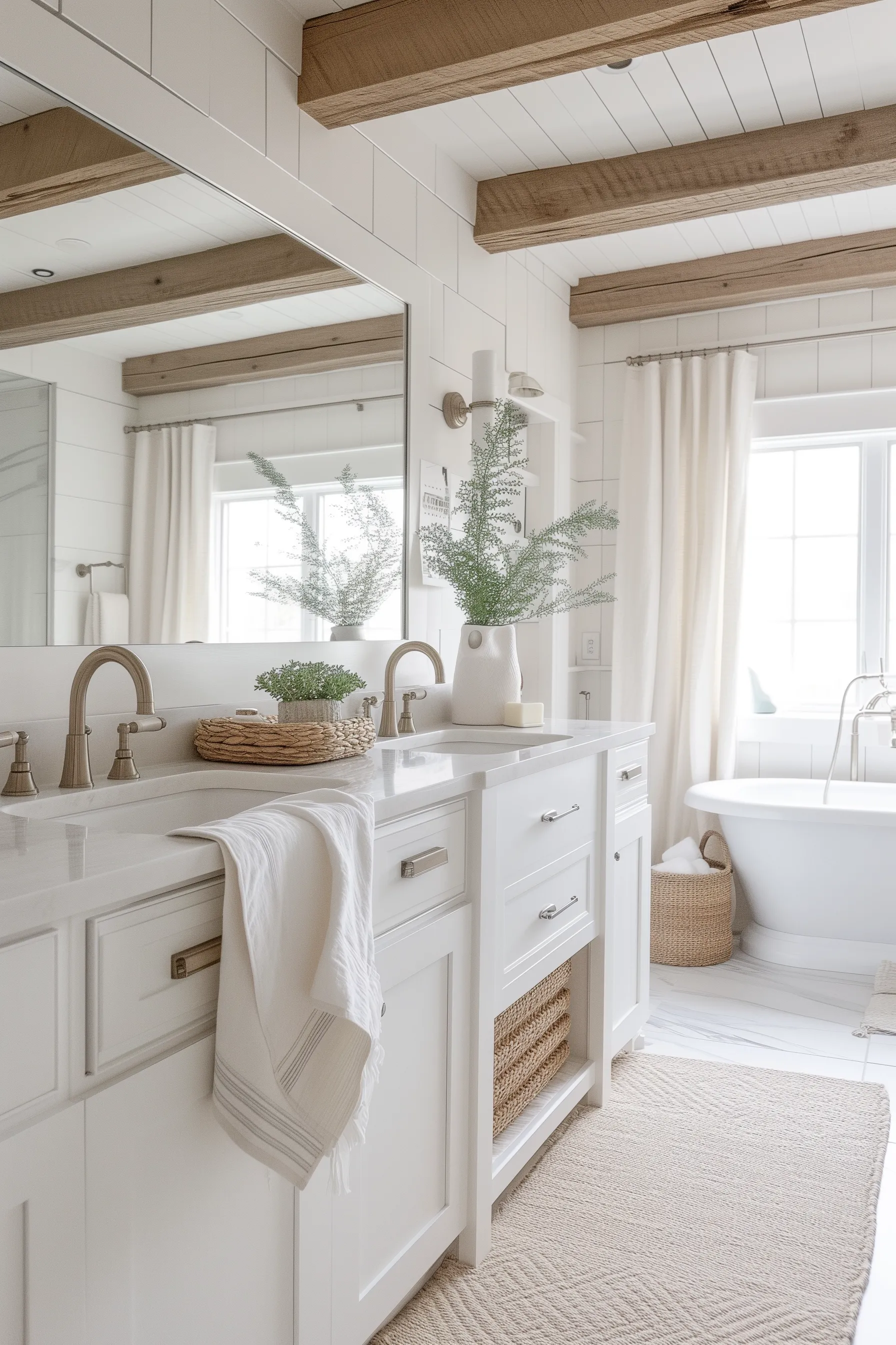 A white bathroom with plants, wooden beams and rattan furniture