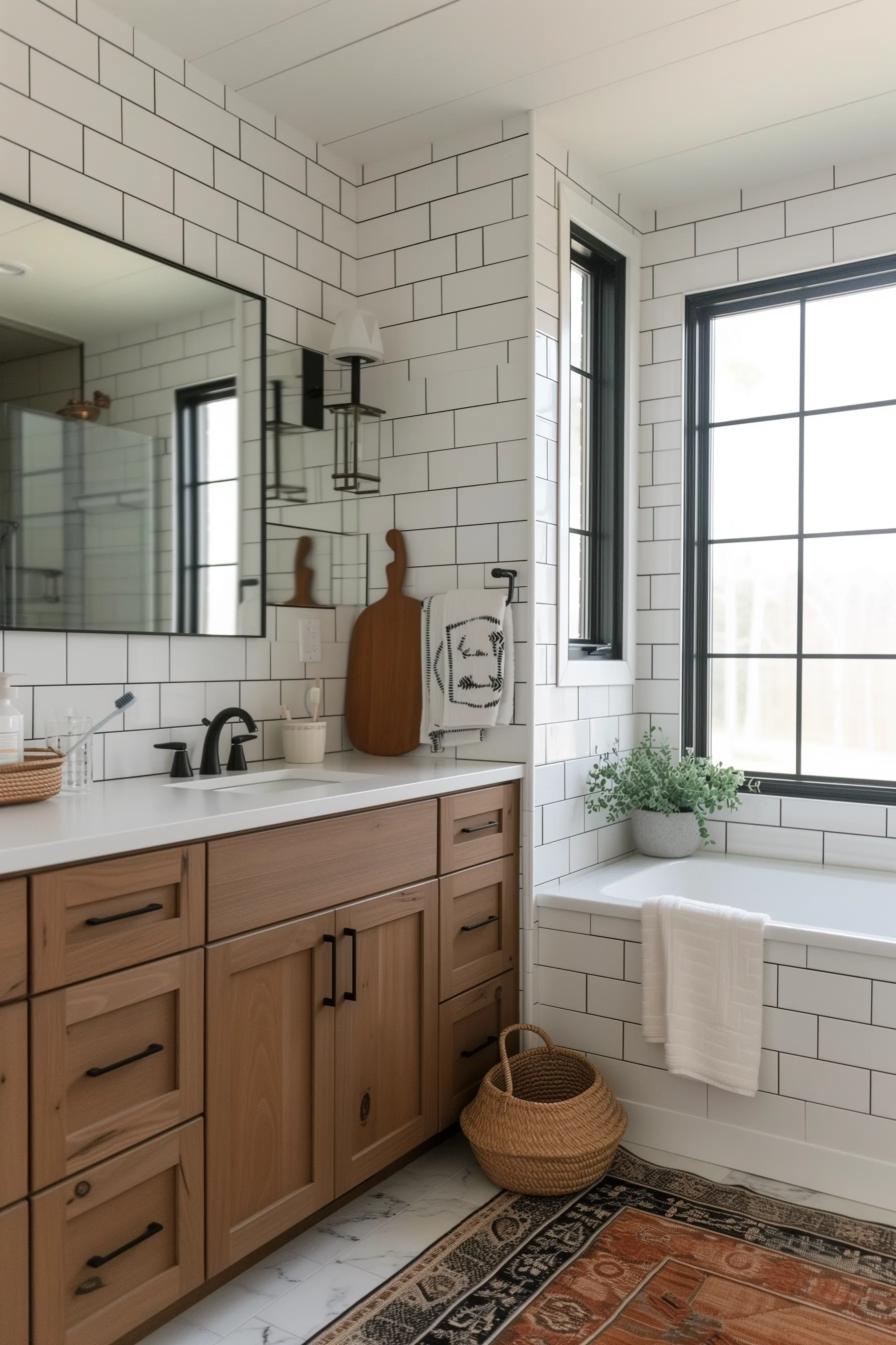 white subway tiles around bathroom with wooden sink and rug