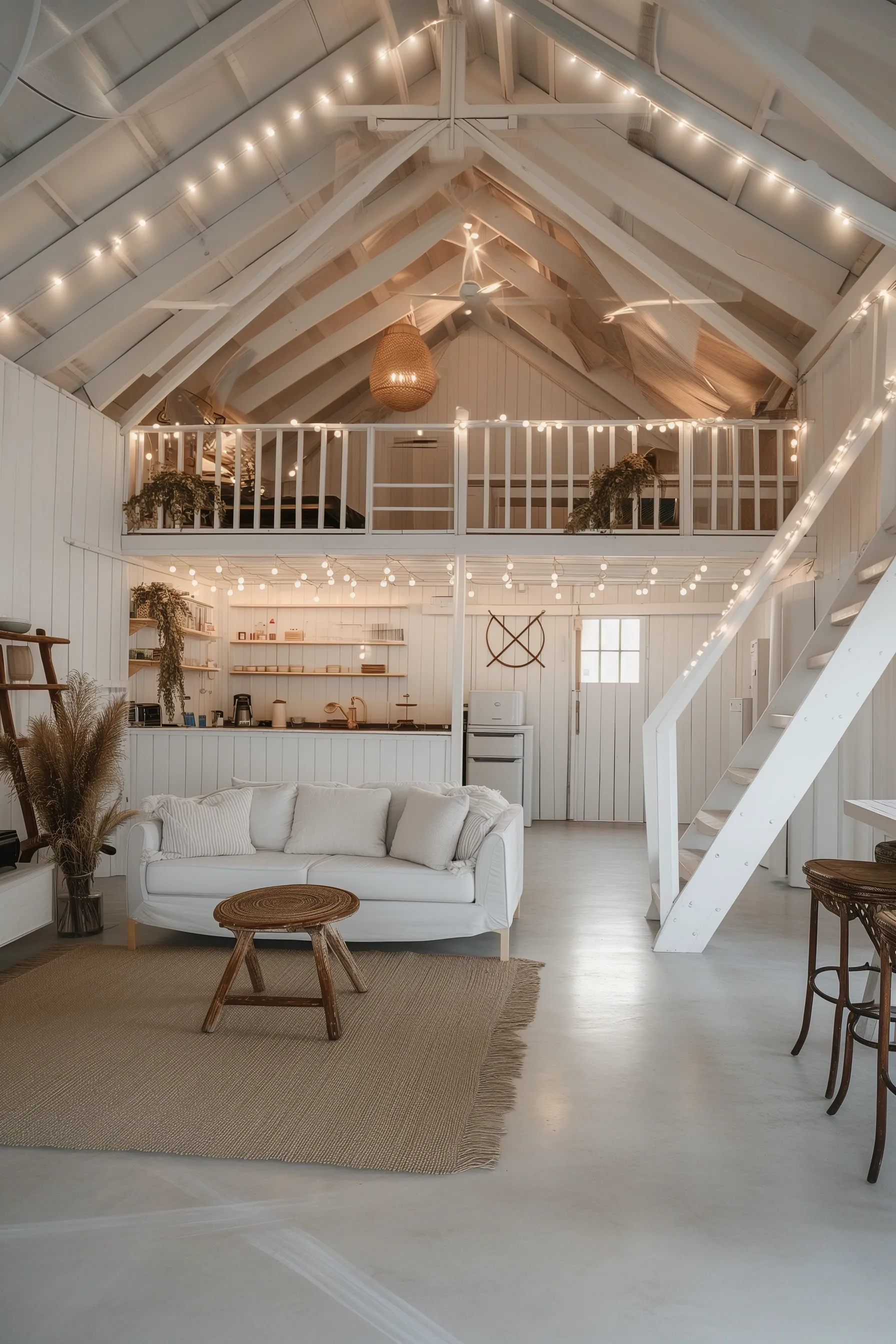 A white man cave pole barn with high ceilings