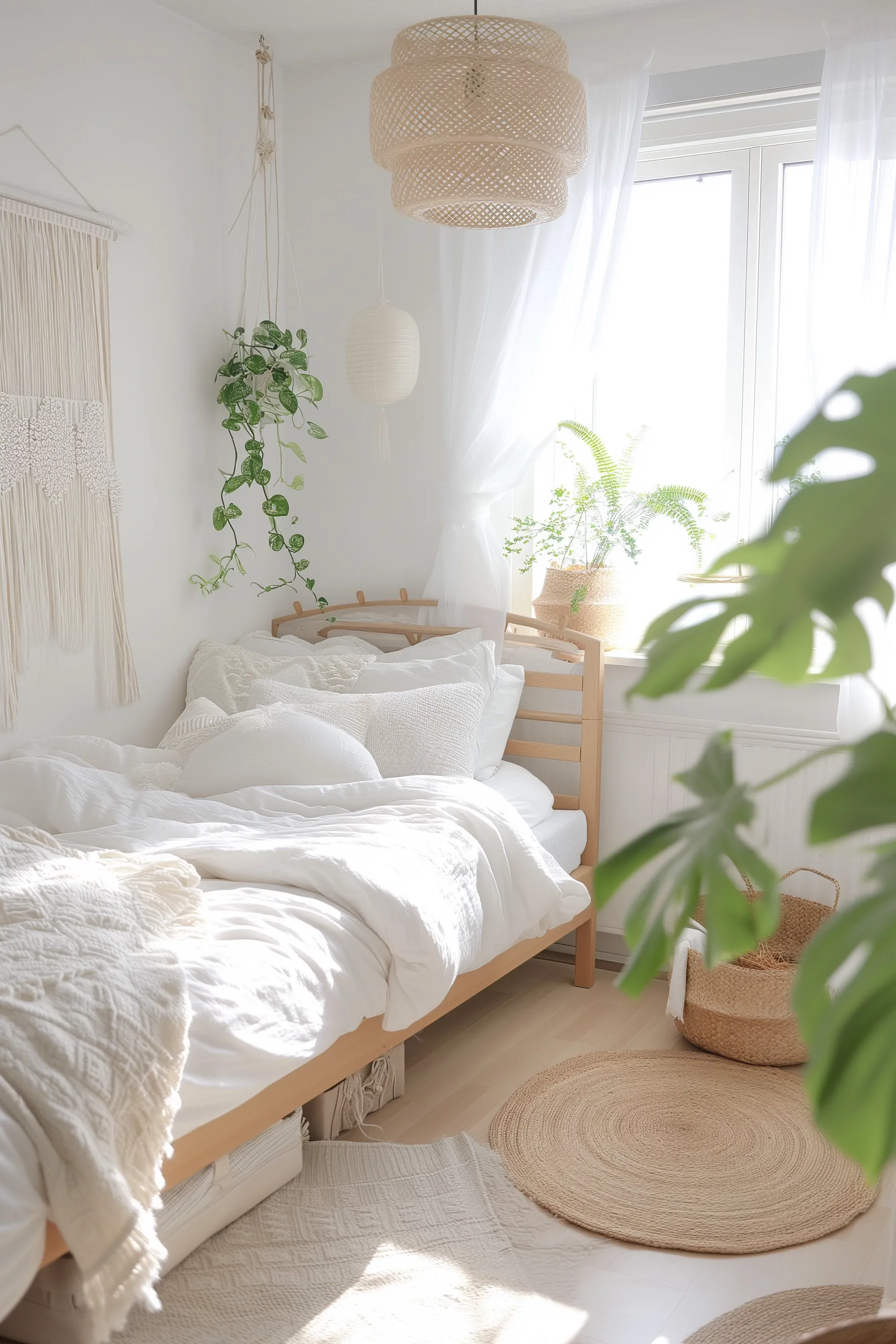 A bohemian style childs bedroom with woven furniture, white bedding and plants