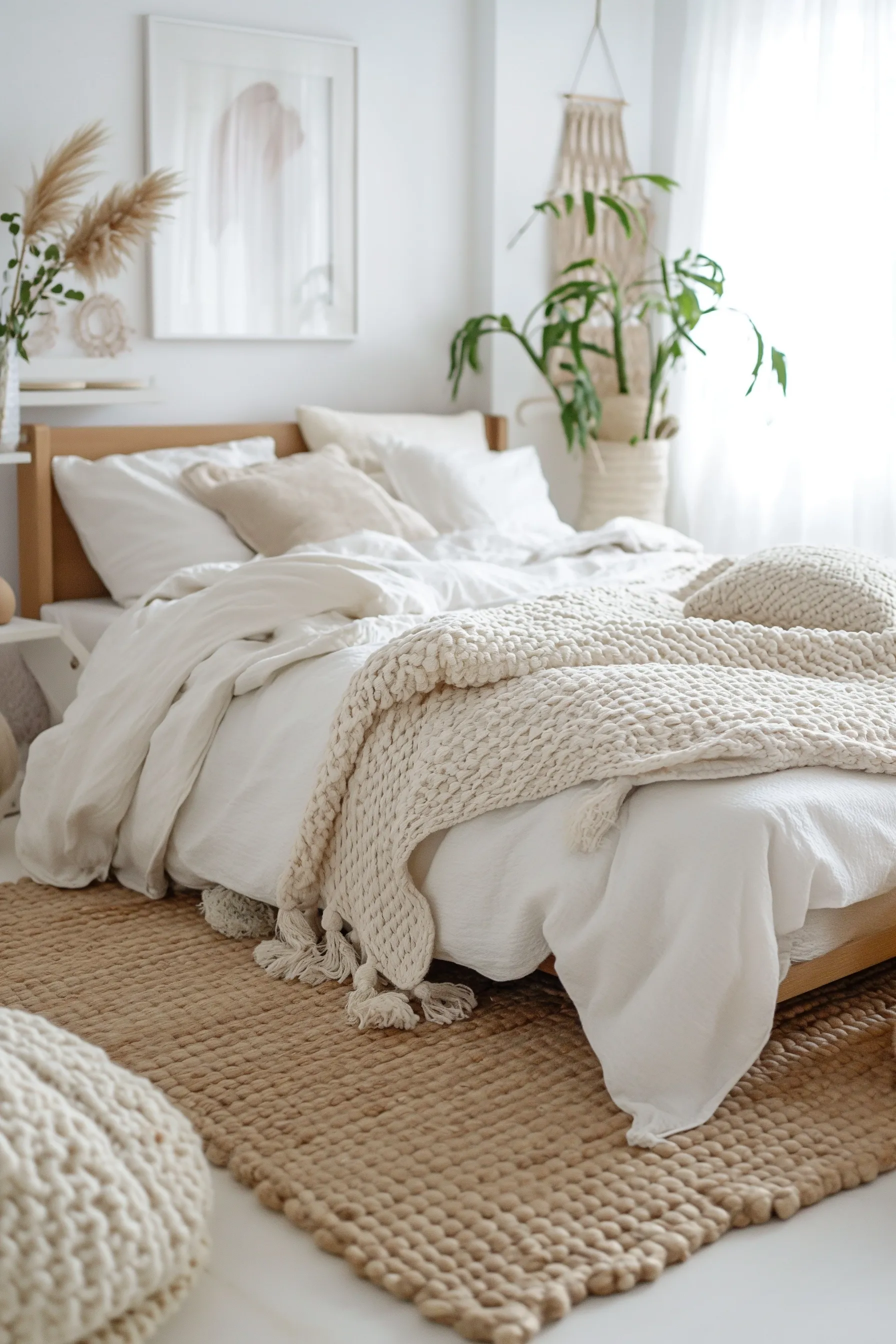 white bed near large glass windows with a chunky rug and plants.