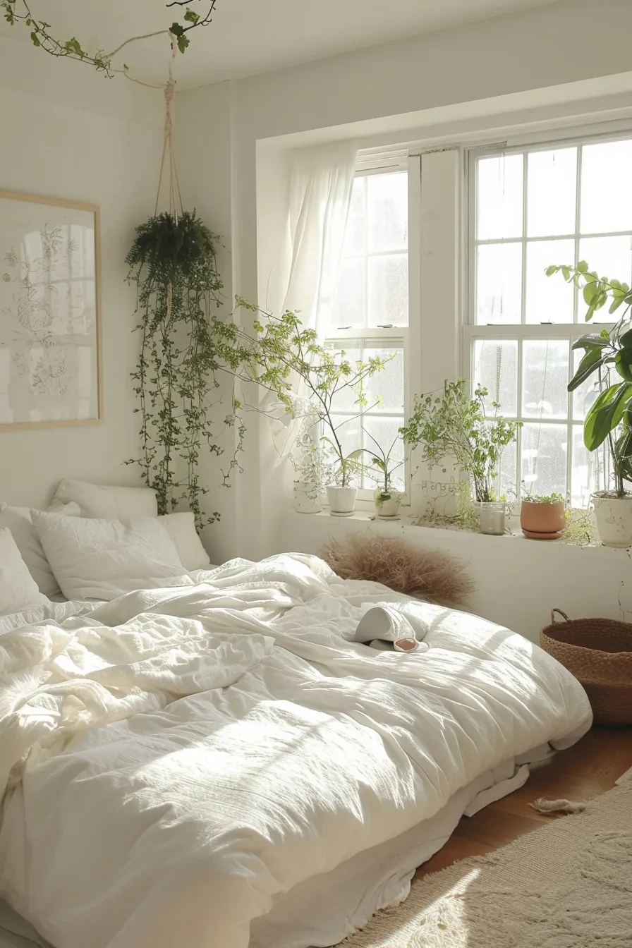 A bedroom with white bedding and plants