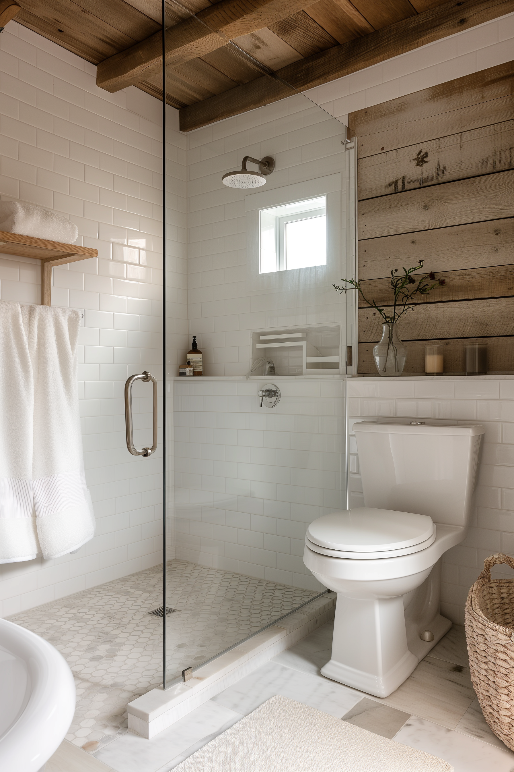 A white bathroom with wooden panelling and a woven basket