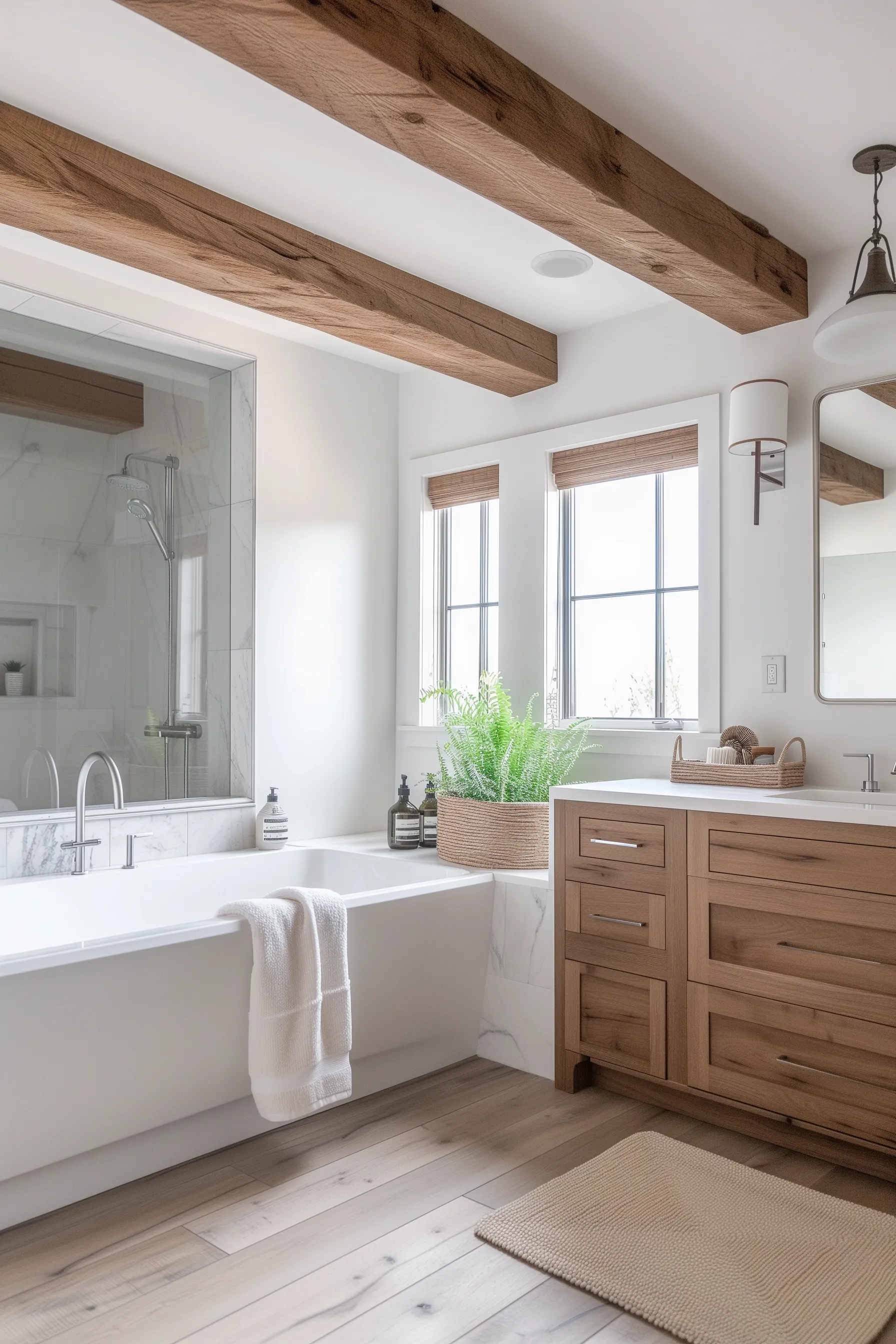 A wooden bathroom with wood beams and a marble bath