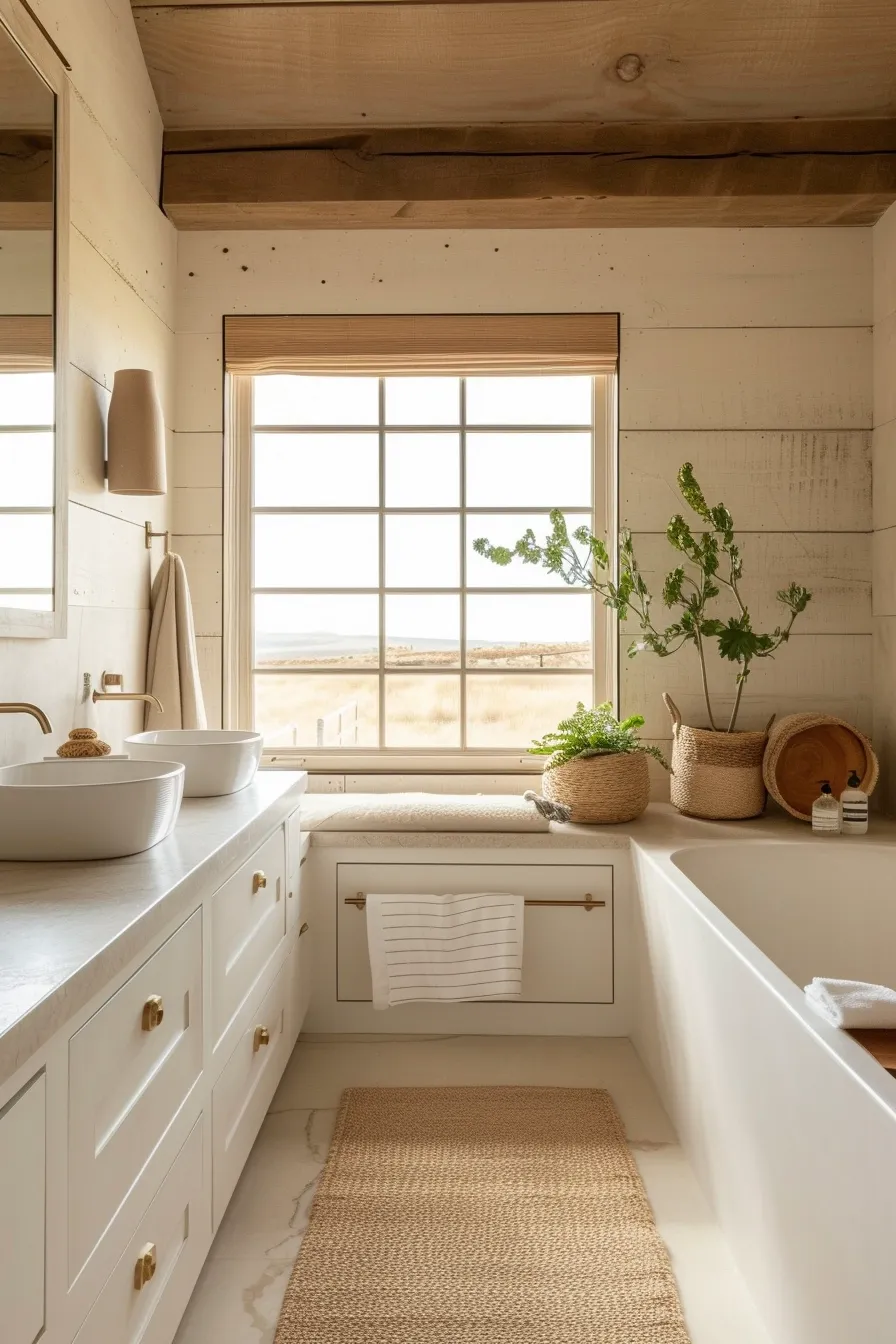 Wooden beams with a white bathtub and wooden sink